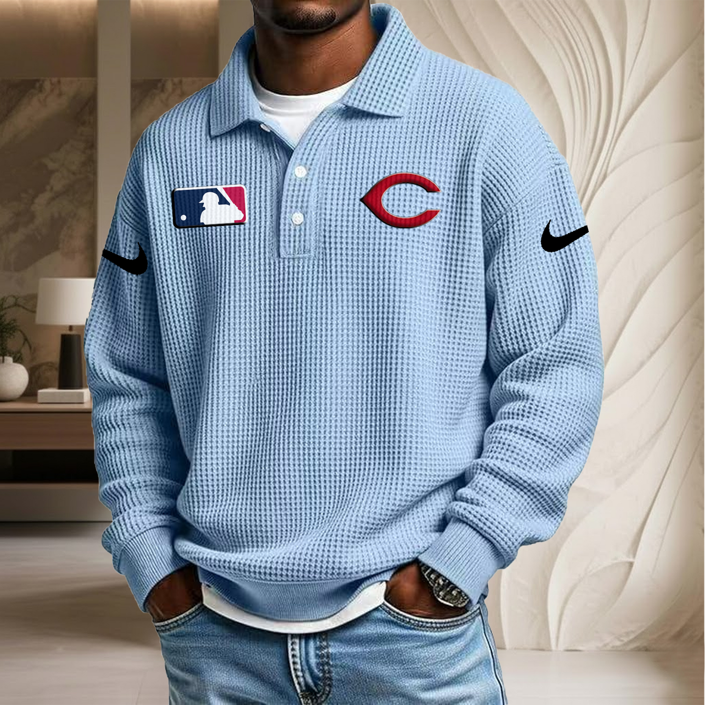 MLB x CIN Waffle Three Button Lapel Polo HLP HLPHUONG
