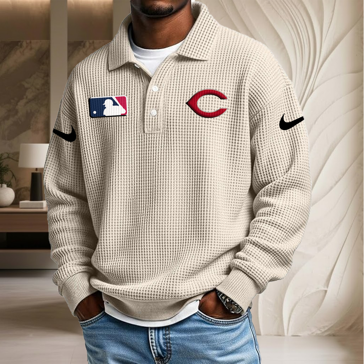 MLB x CIN Waffle Three Button Lapel Polo HLP HLPHUONG