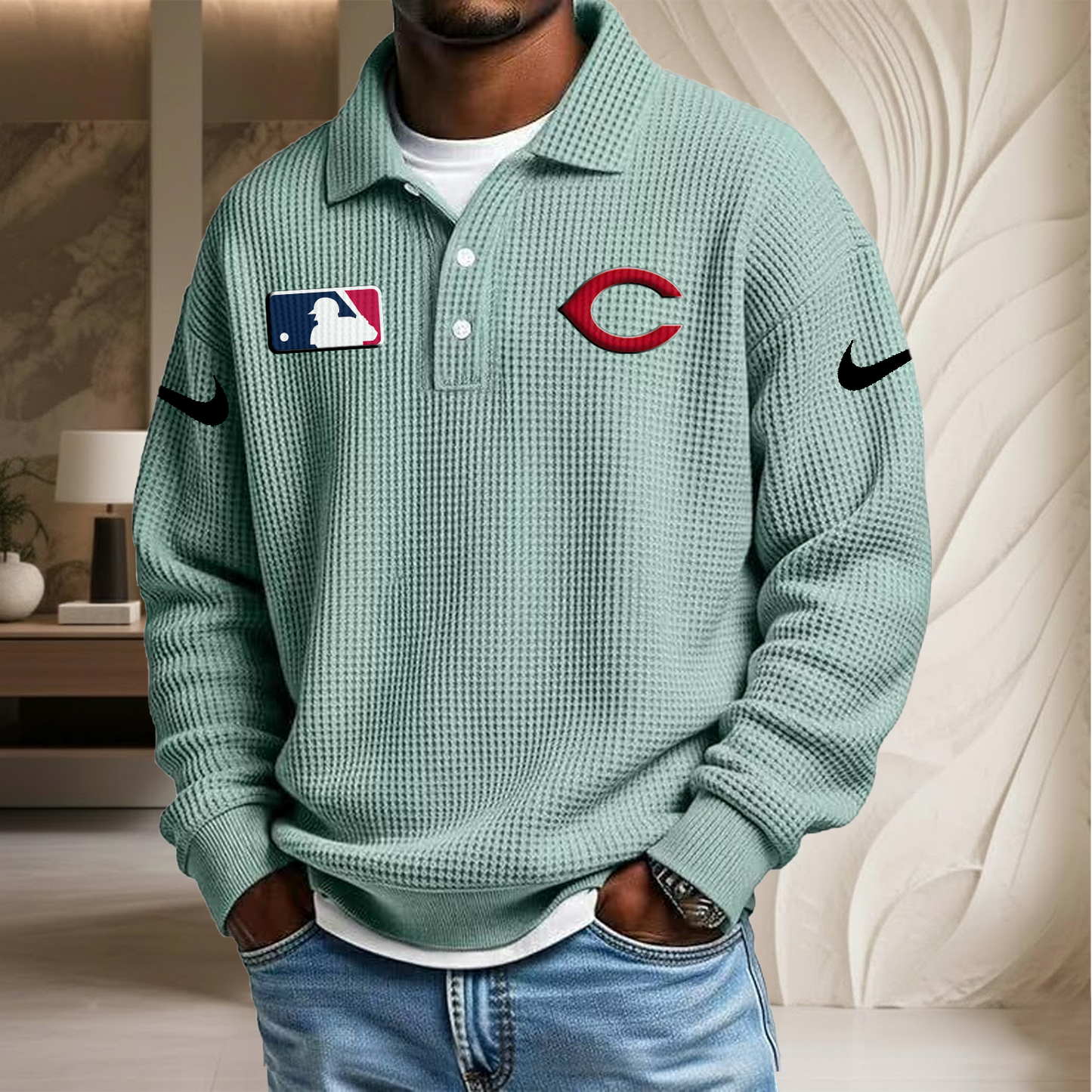 MLB x CIN Waffle Three Button Lapel Polo HLP HLPHUONG