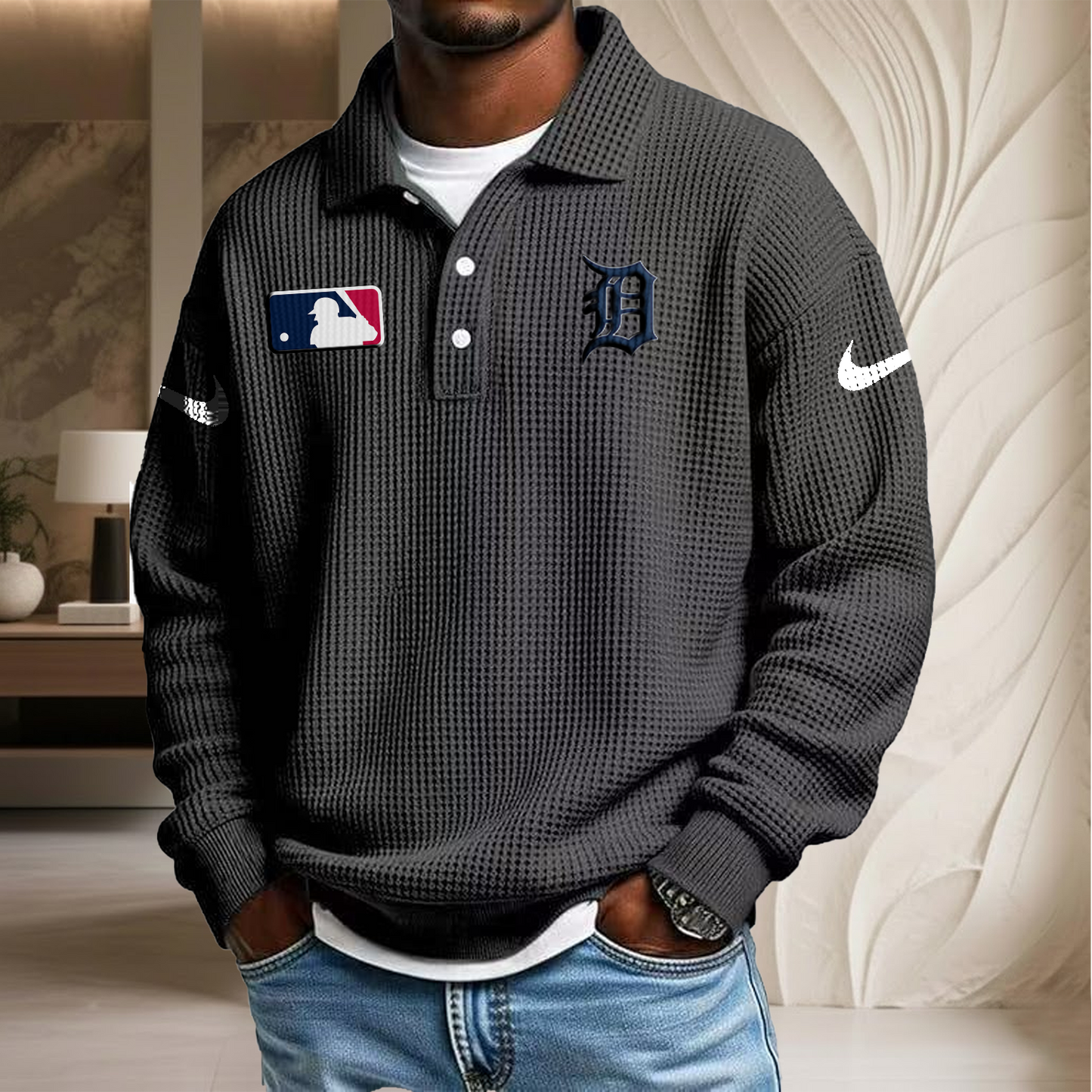 MLB x DET Waffle Three Button Lapel Polo HLP HLPHUONG