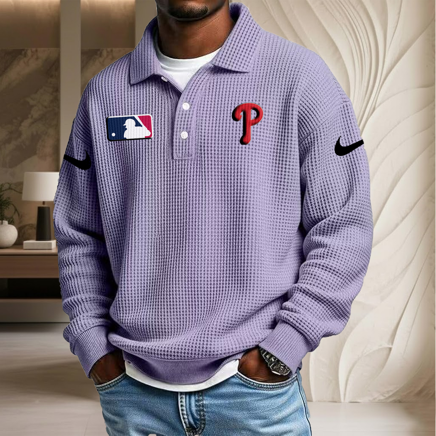 MLB x PHI Waffle Three Button Lapel Polo HLP HLPHUONG