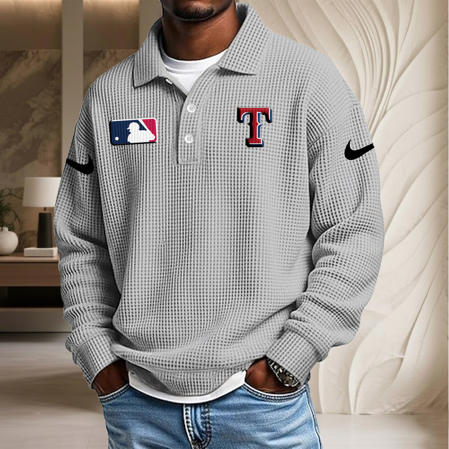 MLB x TEX Waffle Three Button Lapel Polo HLP HLPHUONG