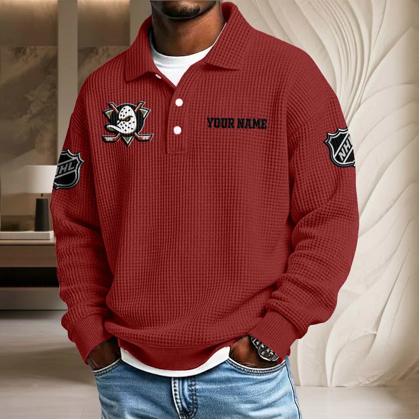 NHL x ANA Custom Name Waffle Three Button Lapel Polo HLP HLPHUONG