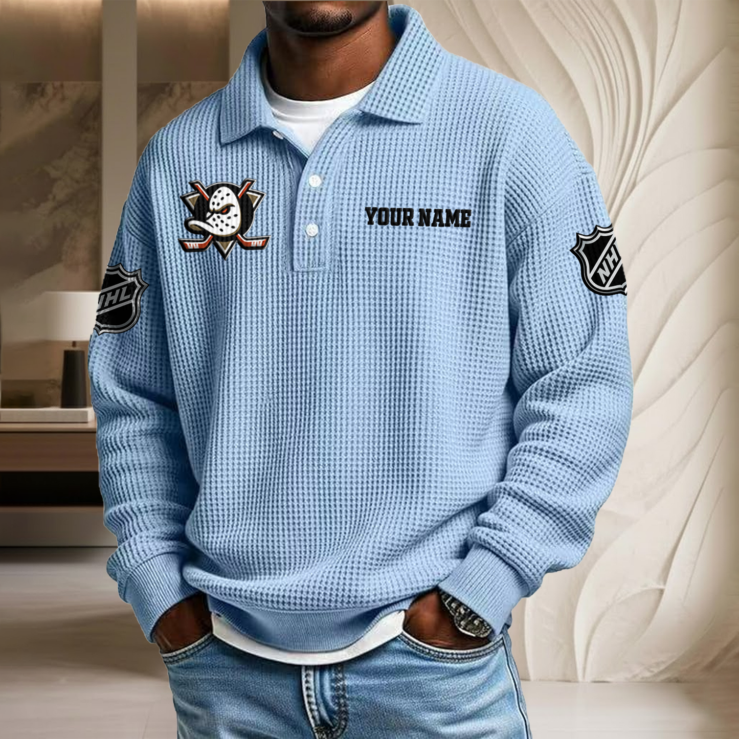 NHL x ANA Custom Name Waffle Three Button Lapel Polo HLP HLPHUONG