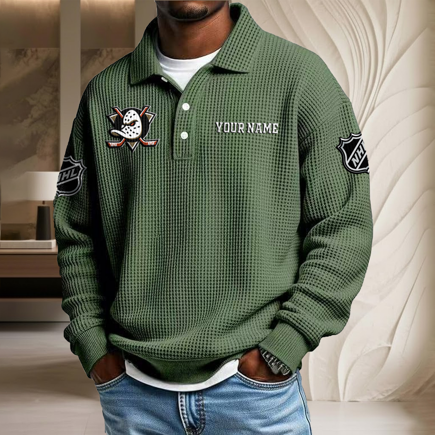 NHL x ANA Custom Name Waffle Three Button Lapel Polo HLP HLPHUONG