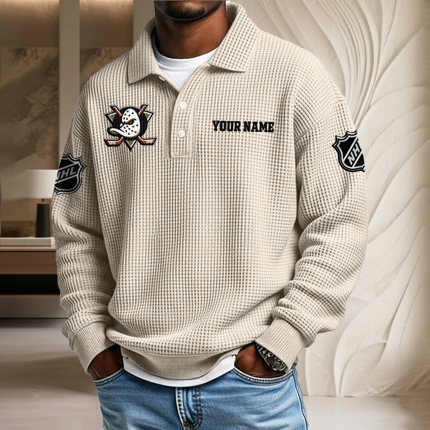 NHL x ANA Custom Name Waffle Three Button Lapel Polo HLP HLPHUONG