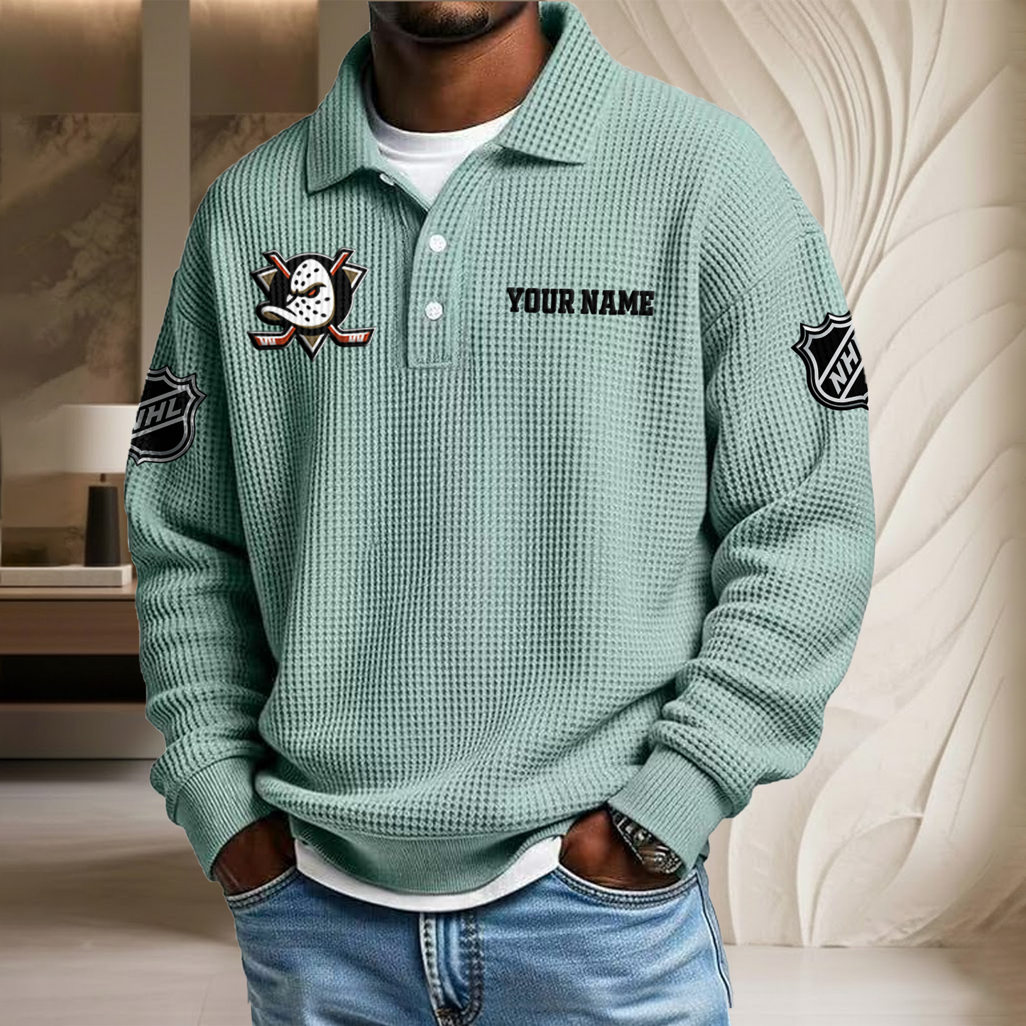 NHL x ANA Custom Name Waffle Three Button Lapel Polo HLP HLPHUONG