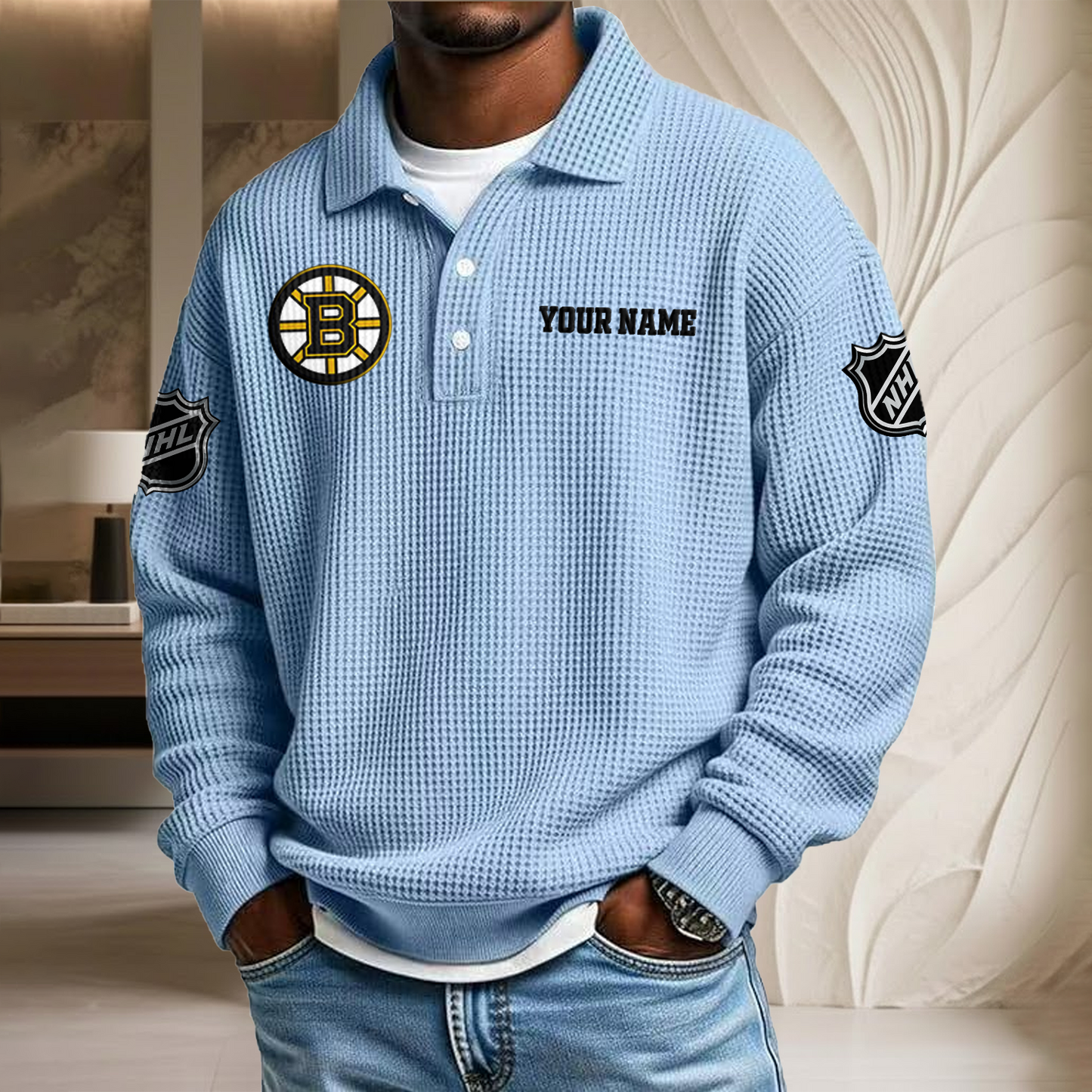 NHL x BOS Custom Name Waffle Three Button Lapel Polo HLP HLPHUONG