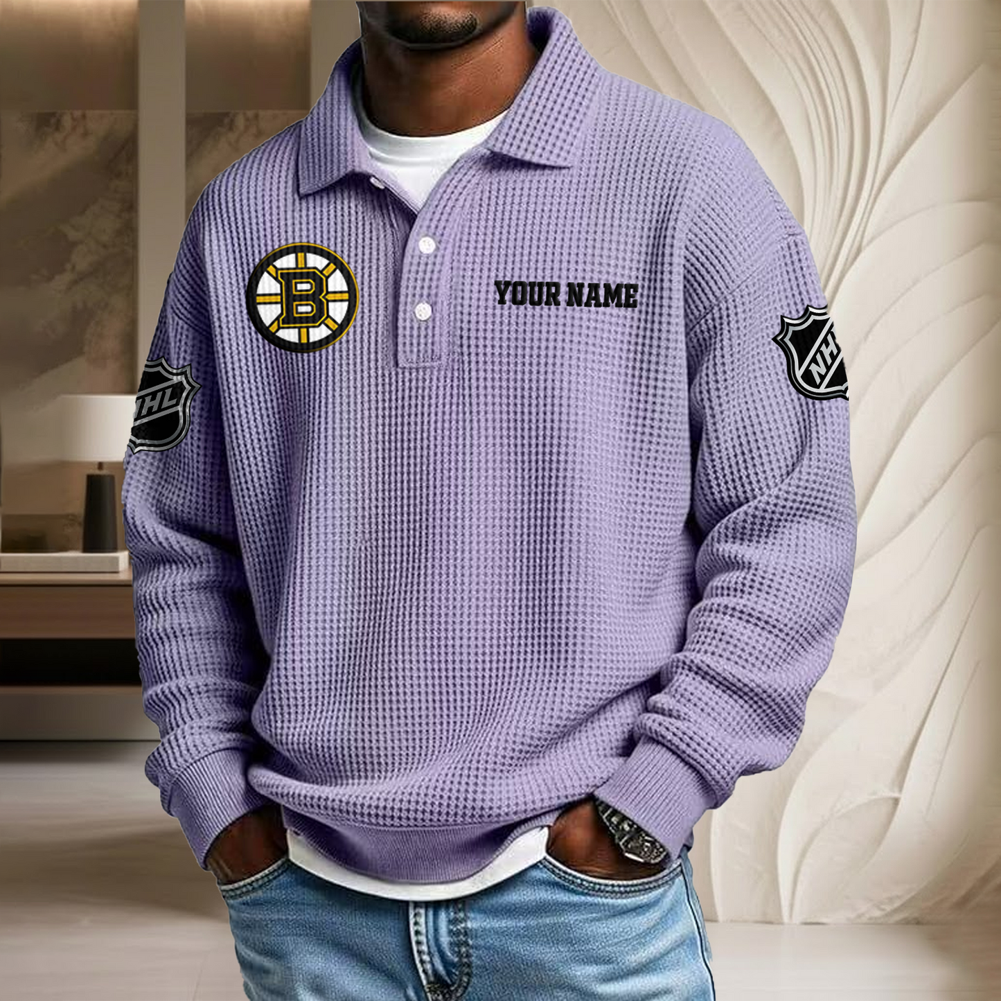 NHL x BOS Custom Name Waffle Three Button Lapel Polo HLP HLPHUONG