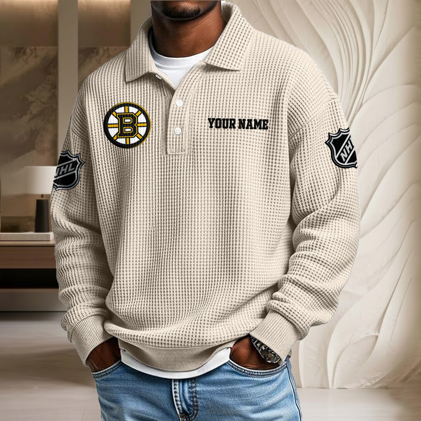 NHL x BOS Custom Name Waffle Three Button Lapel Polo HLP HLPHUONG