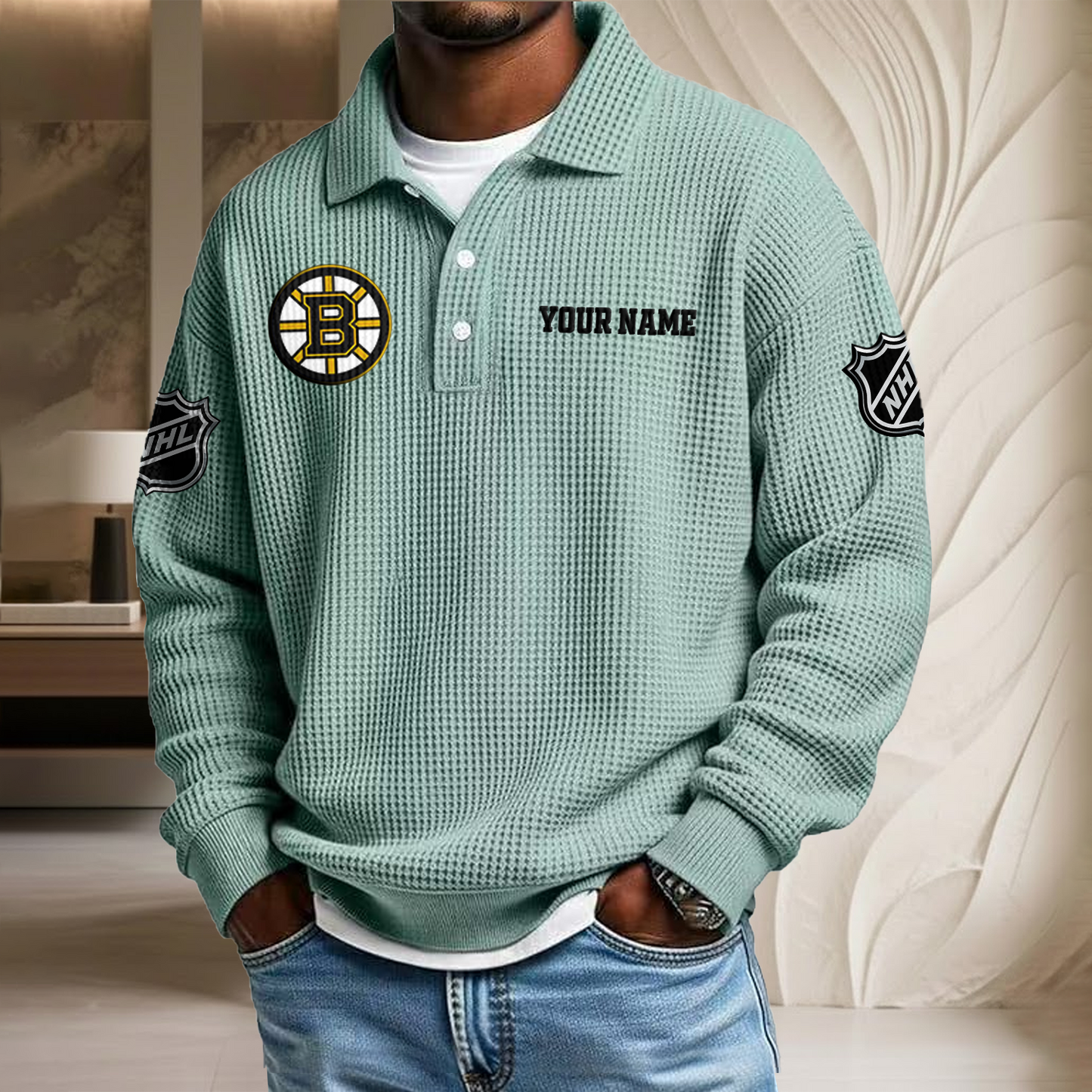 NHL x BOS Custom Name Waffle Three Button Lapel Polo HLP HLPHUONG
