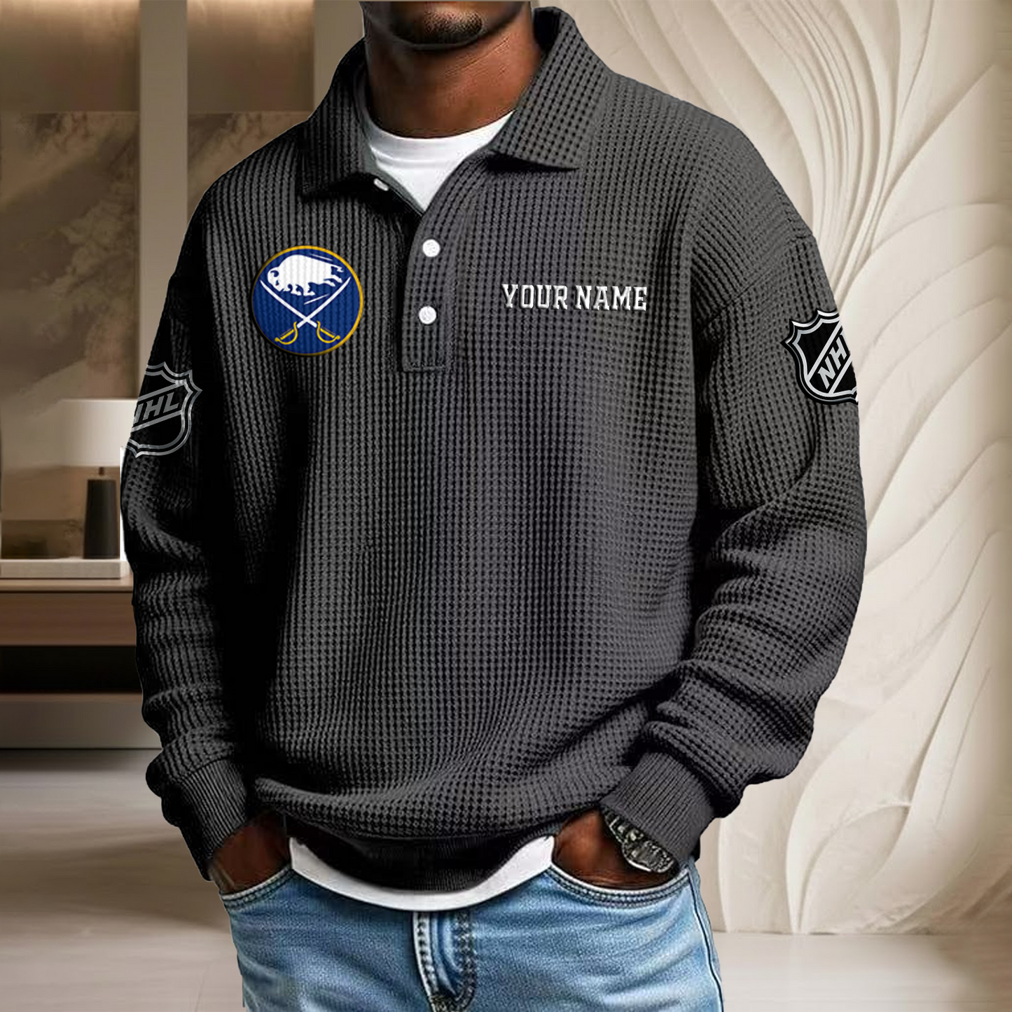 NHL x BUF Custom Name Waffle Three Button Lapel Polo HLP HLPHUONG