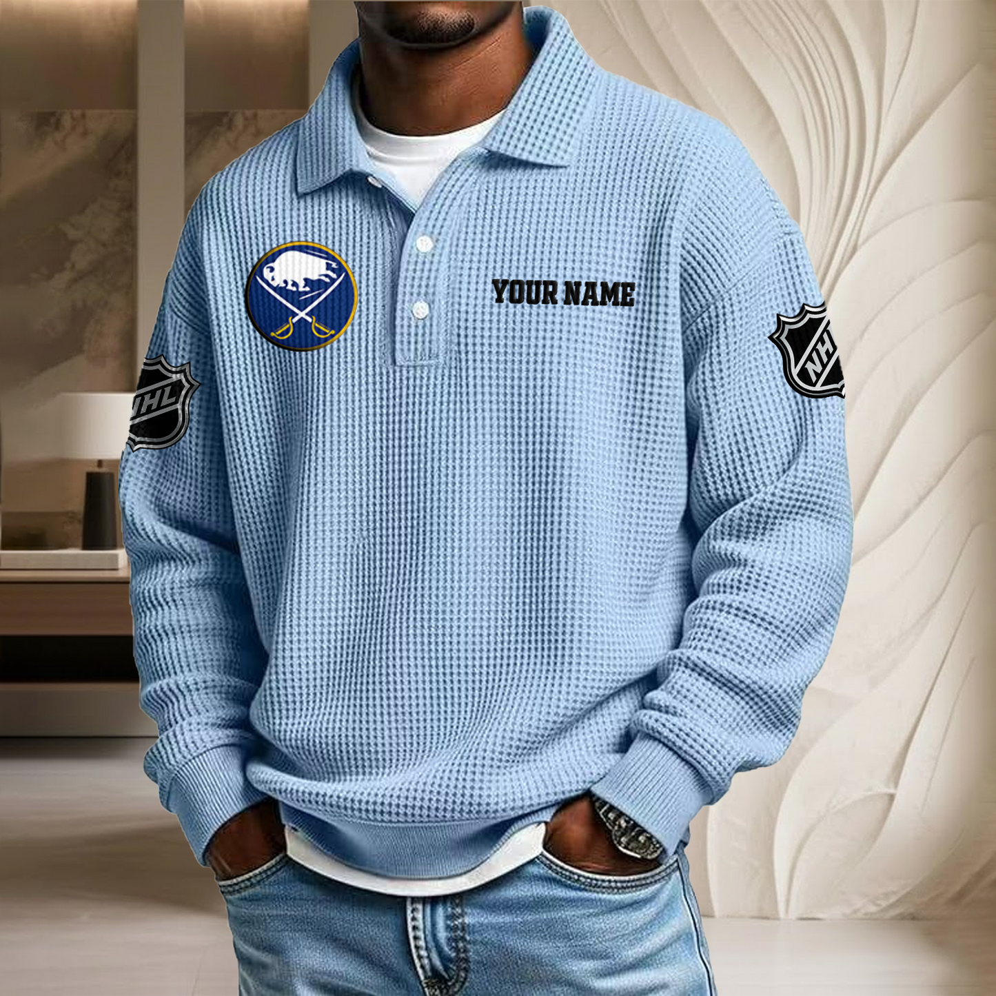 NHL x BUF Custom Name Waffle Three Button Lapel Polo HLP HLPHUONG