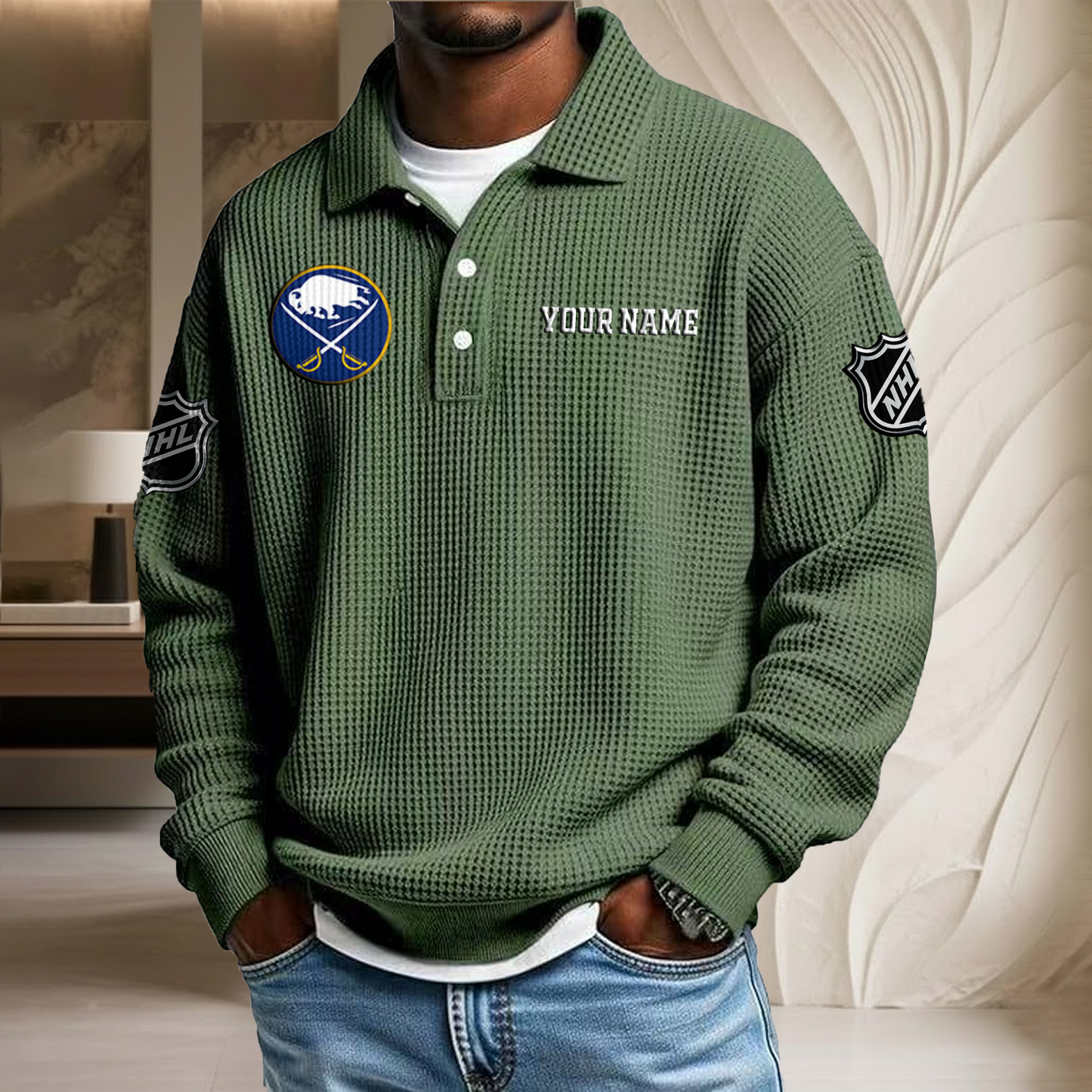 NHL x BUF Custom Name Waffle Three Button Lapel Polo HLP HLPHUONG