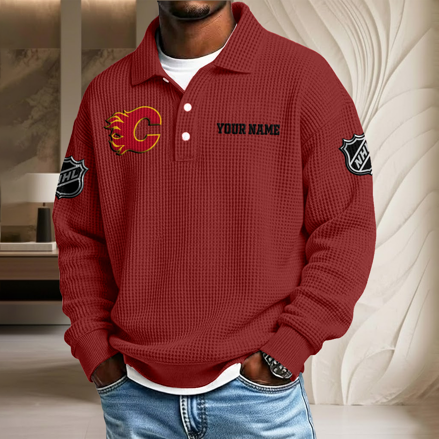 NHL x CAL Custom Name Waffle Three Button Lapel Polo HLP HLPHUONG