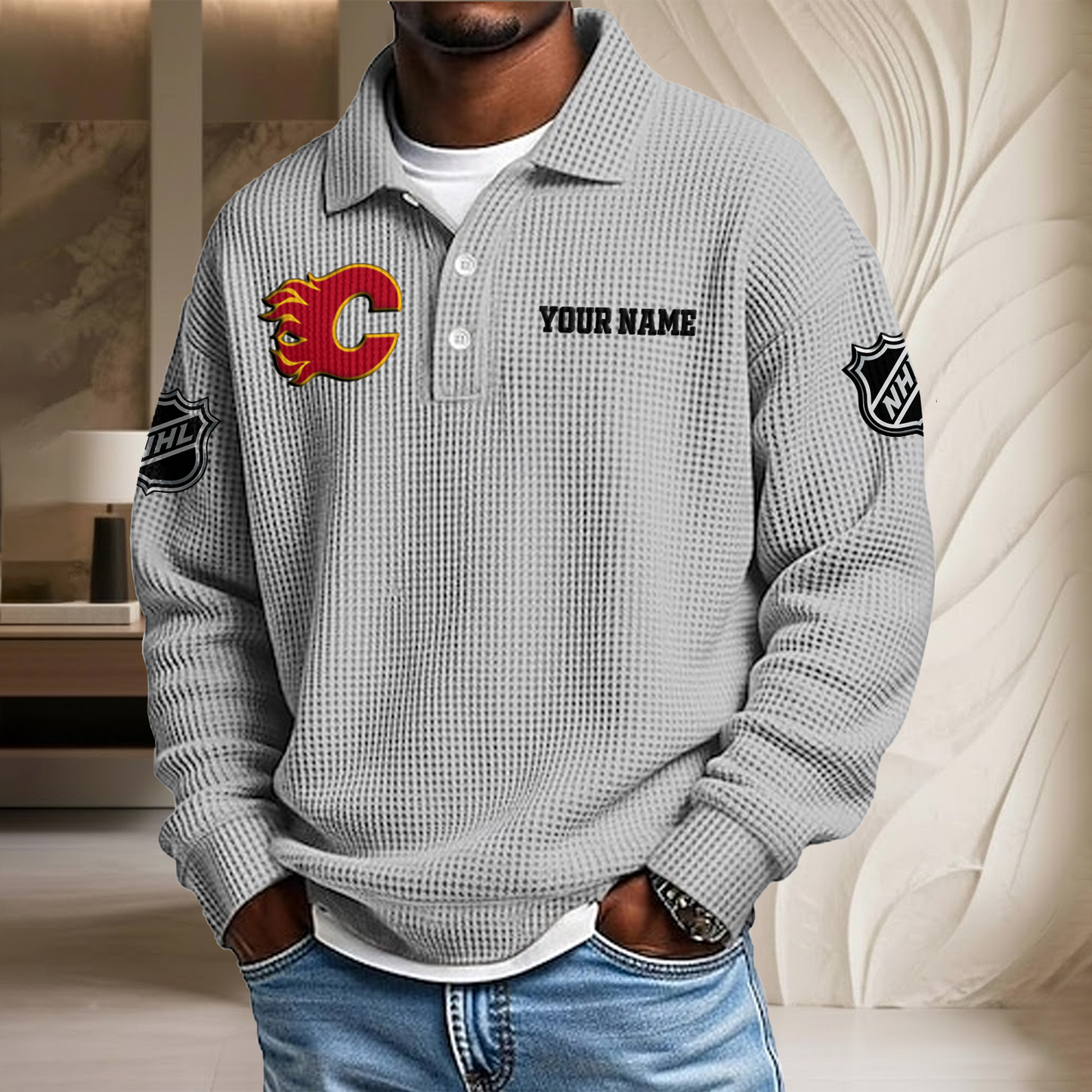 NHL x CAL Custom Name Waffle Three Button Lapel Polo HLP HLPHUONG