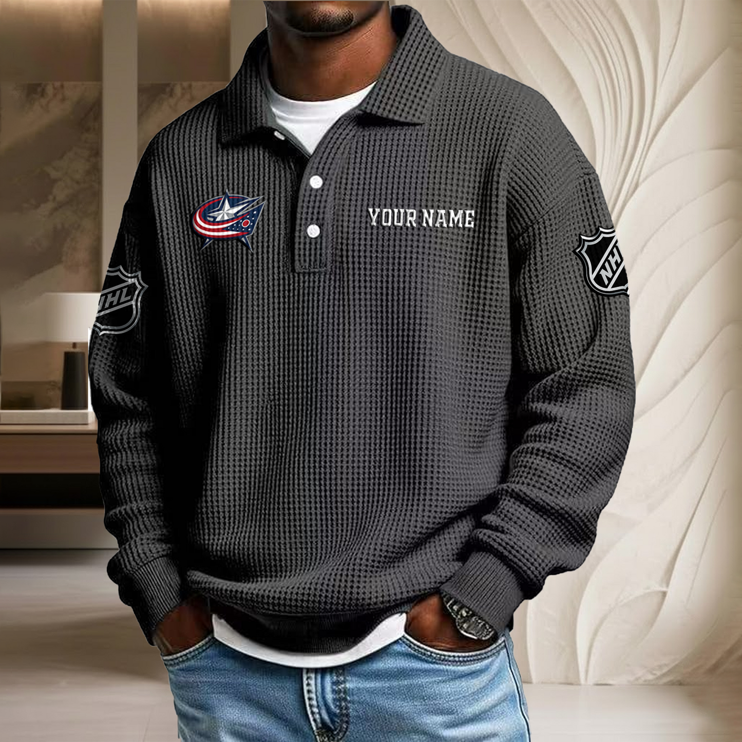 NHL x CBJ Custom Name Waffle Three Button Lapel Polo HLP HLPHUONG