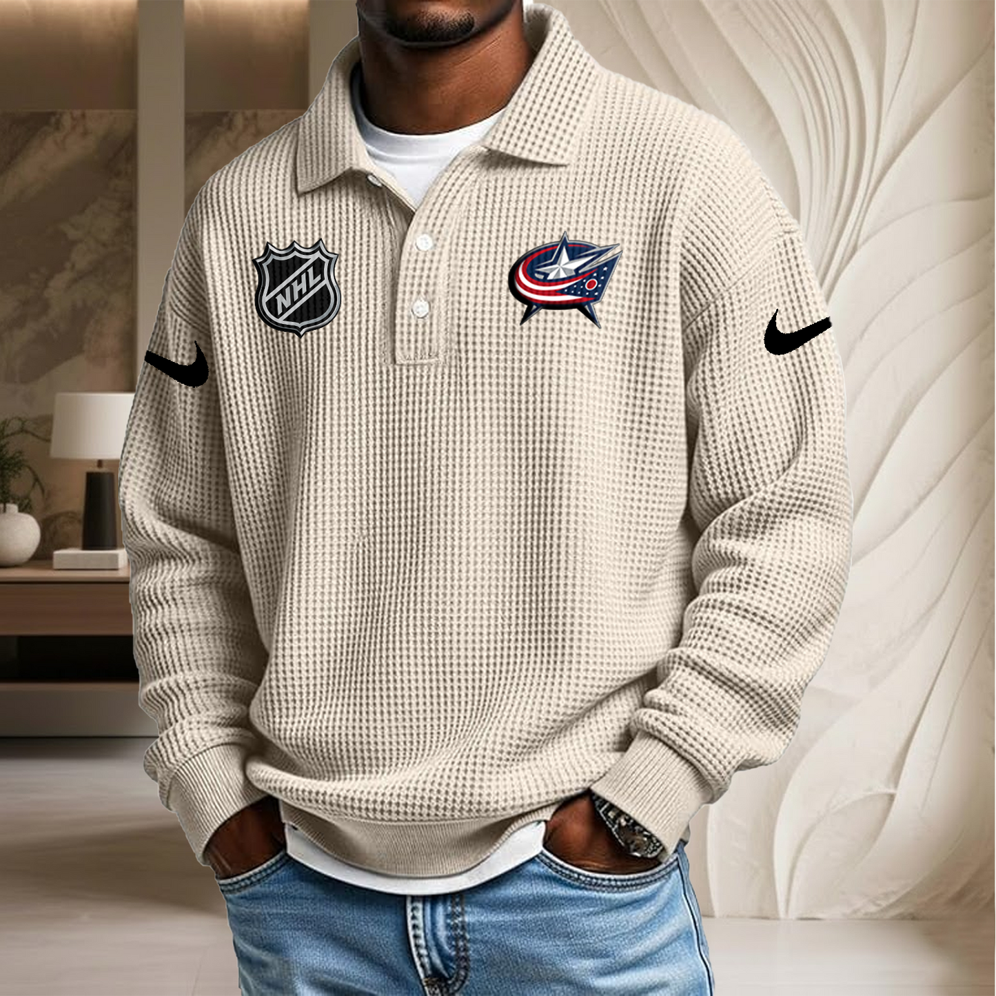 NHL x CBJ Waffle Three Button Lapel Polo HLP HLPHUONG