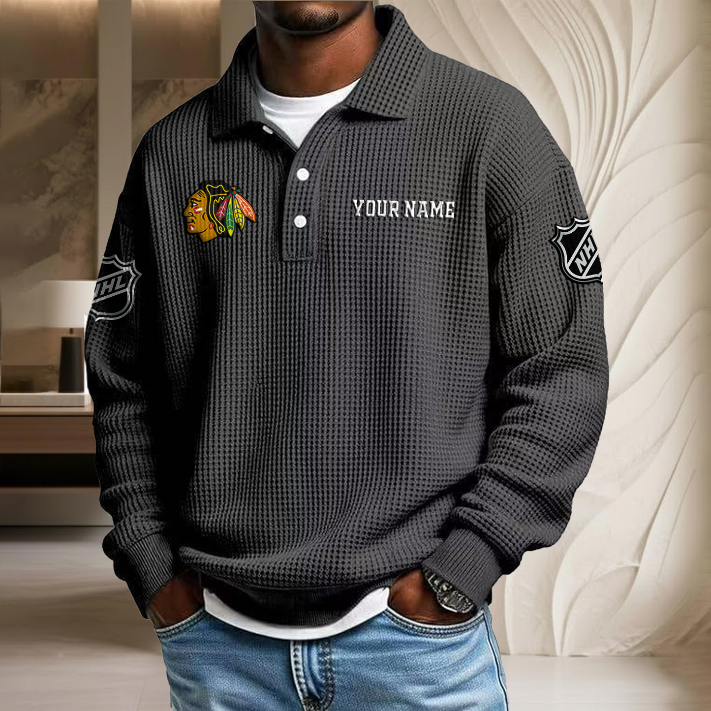 NHL x CHI Custom Name Waffle Three Button Lapel Polo HLP HLPHUONG