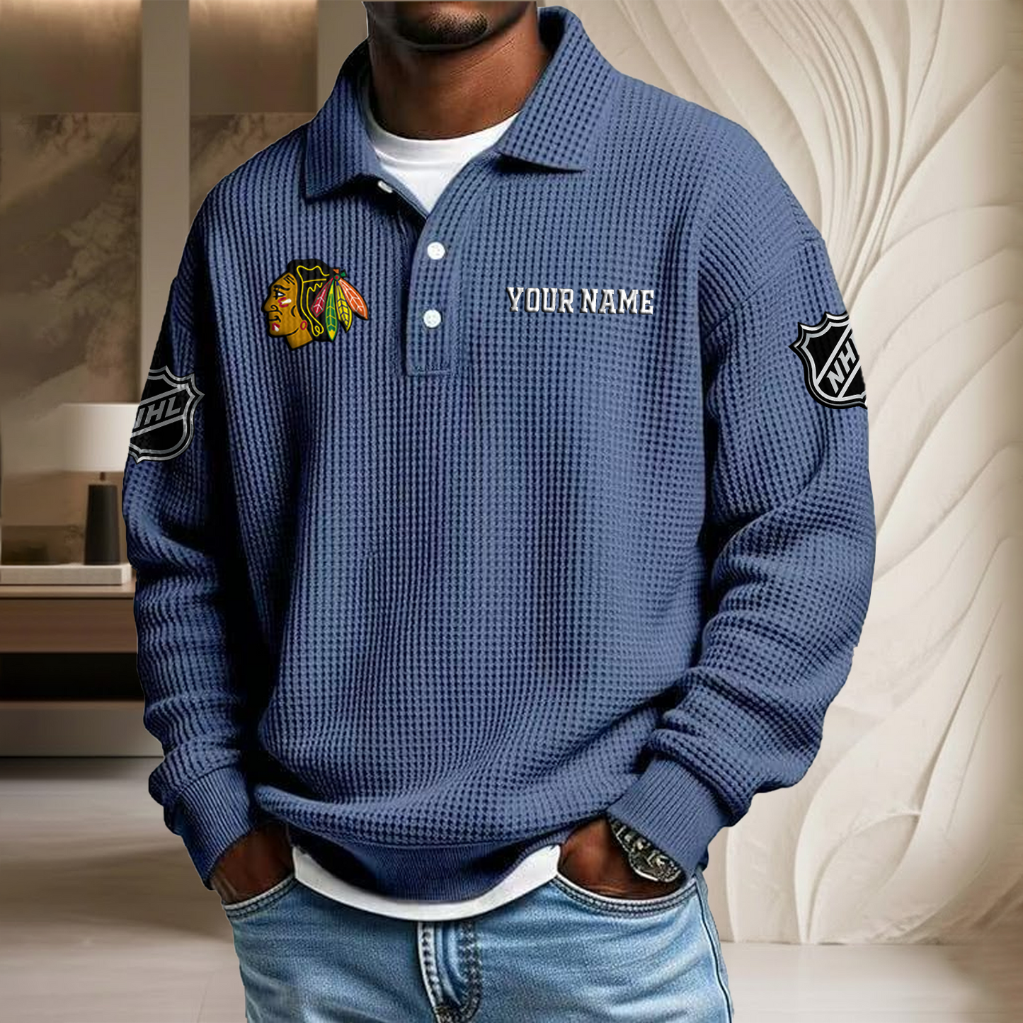 NHL x CHI Custom Name Waffle Three Button Lapel Polo HLP HLPHUONG