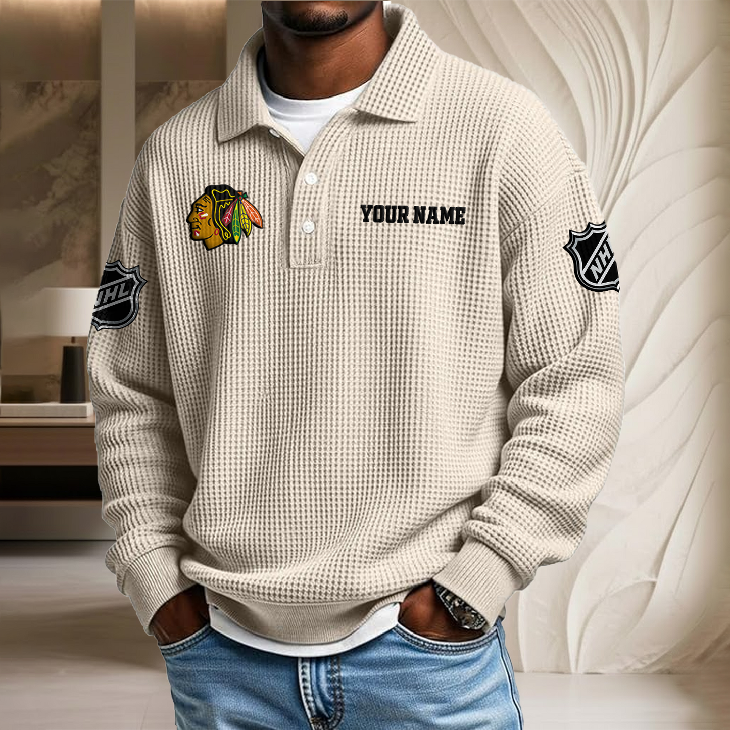 NHL x CHI Custom Name Waffle Three Button Lapel Polo HLP HLPHUONG