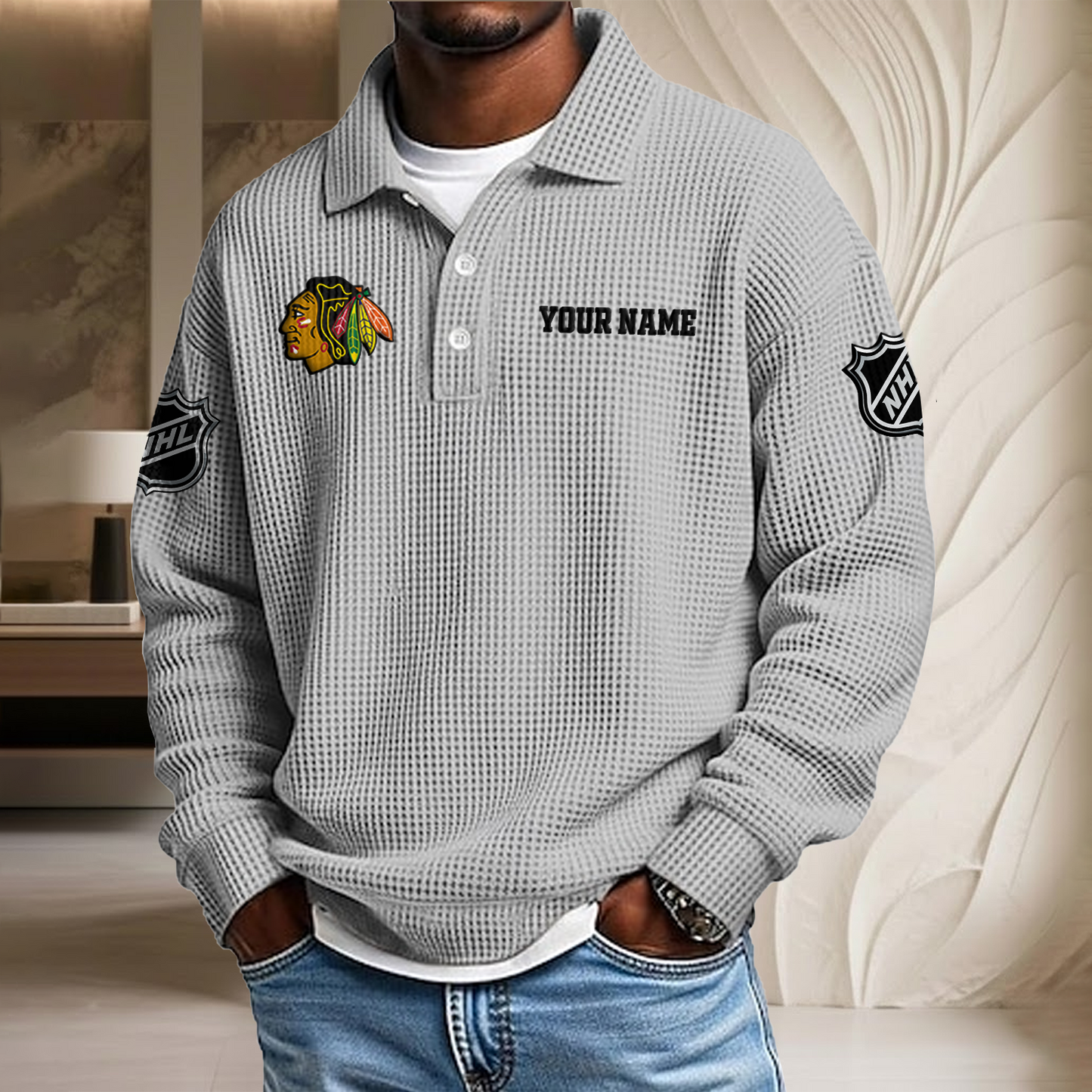 NHL x CHI Custom Name Waffle Three Button Lapel Polo HLP HLPHUONG