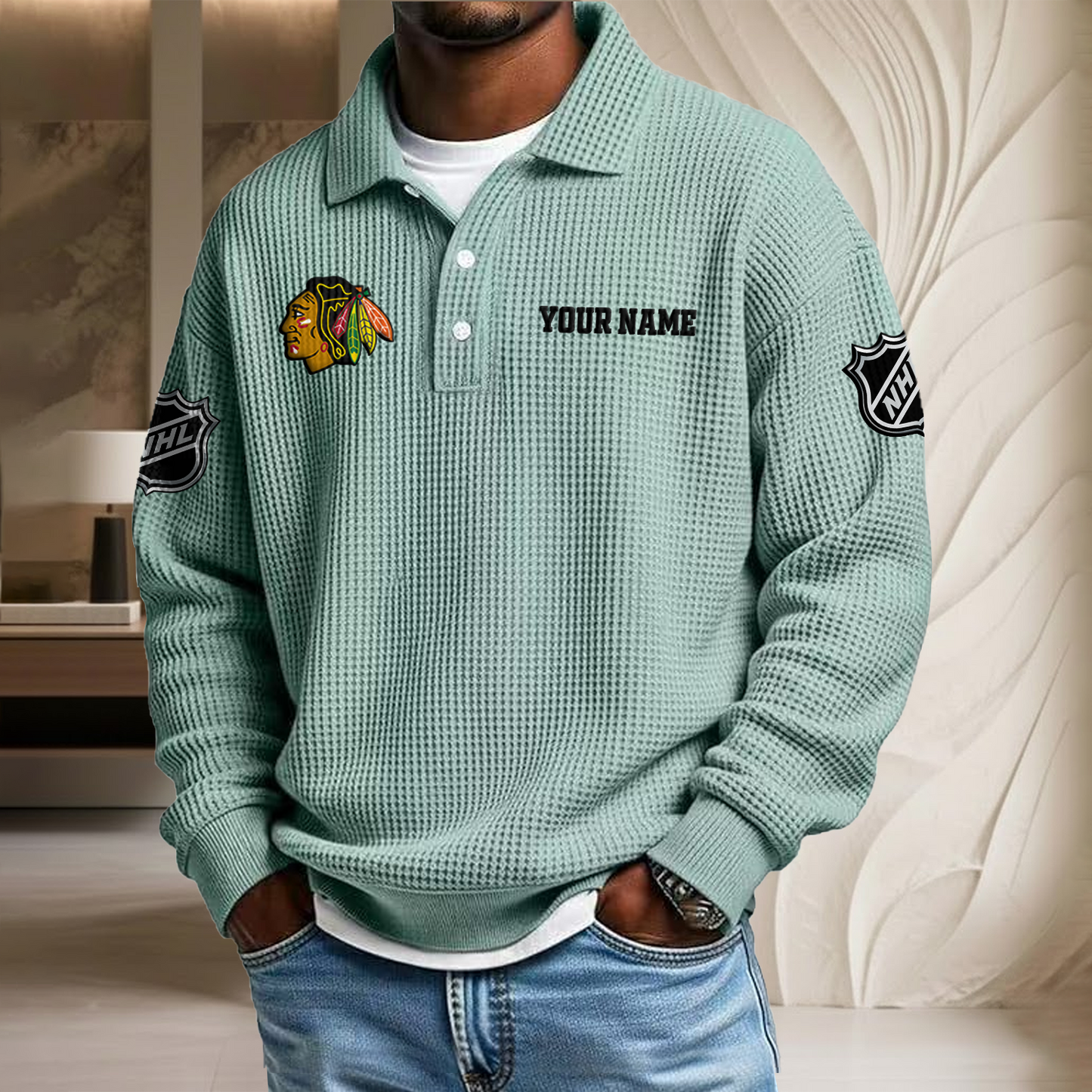NHL x CHI Custom Name Waffle Three Button Lapel Polo HLP HLPHUONG