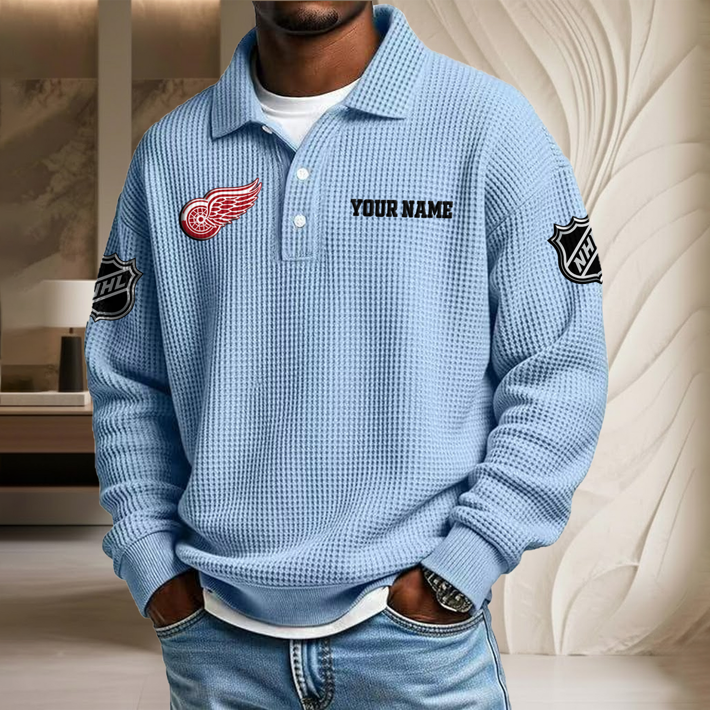 NHL x DET Custom Name Waffle Three Button Lapel Polo HLP HLPHUONG