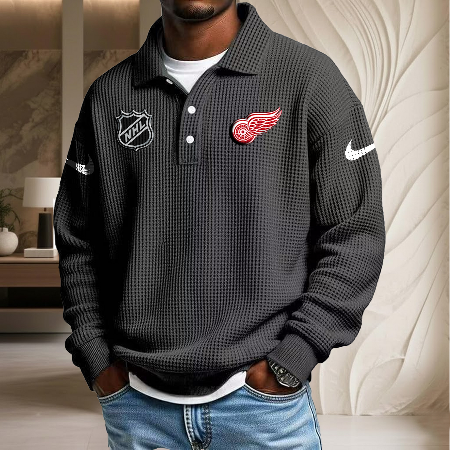NHL x DET Waffle Three Button Lapel Polo HLP HLPHUONG