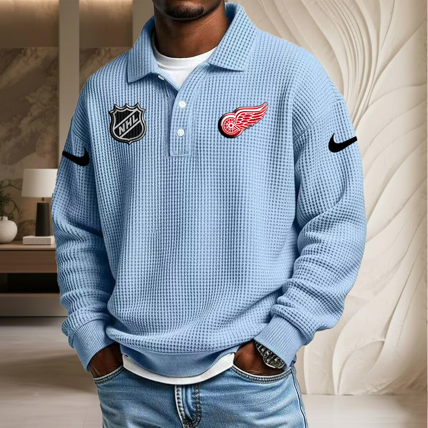 NHL x DET Waffle Three Button Lapel Polo HLP HLPHUONG