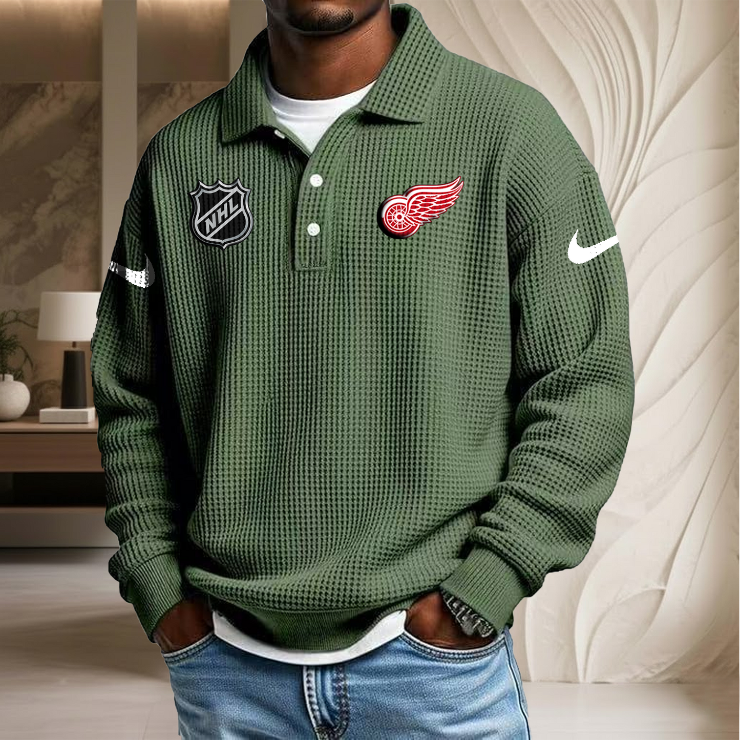 NHL x DET Waffle Three Button Lapel Polo HLP HLPHUONG