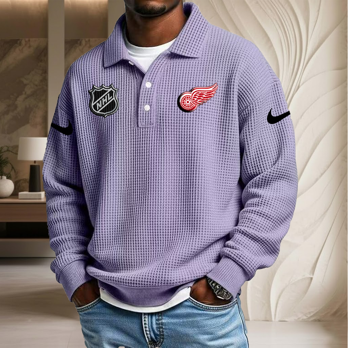 NHL x DET Waffle Three Button Lapel Polo HLP HLPHUONG