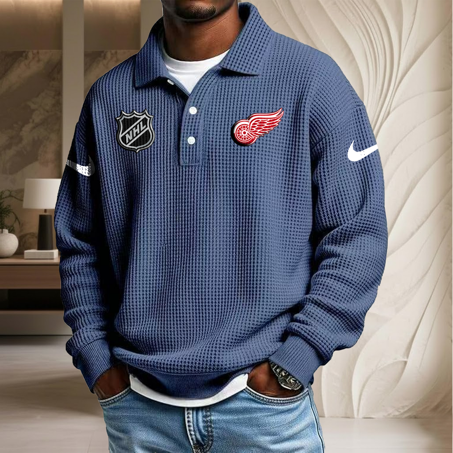 NHL x DET Waffle Three Button Lapel Polo HLP HLPHUONG