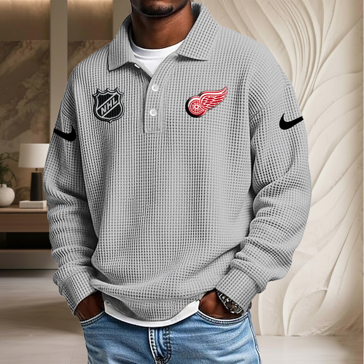 NHL x DET Waffle Three Button Lapel Polo HLP HLPHUONG