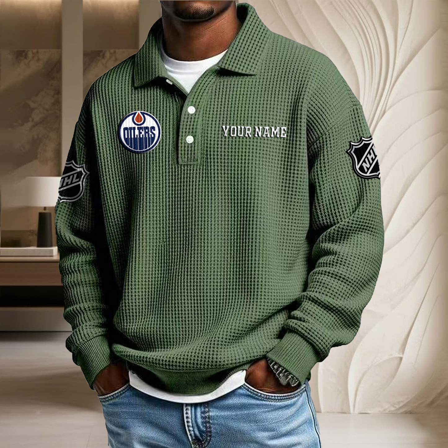 NHL x EDM Custom Name Waffle Three Button Lapel Polo HLP HLPHUONG