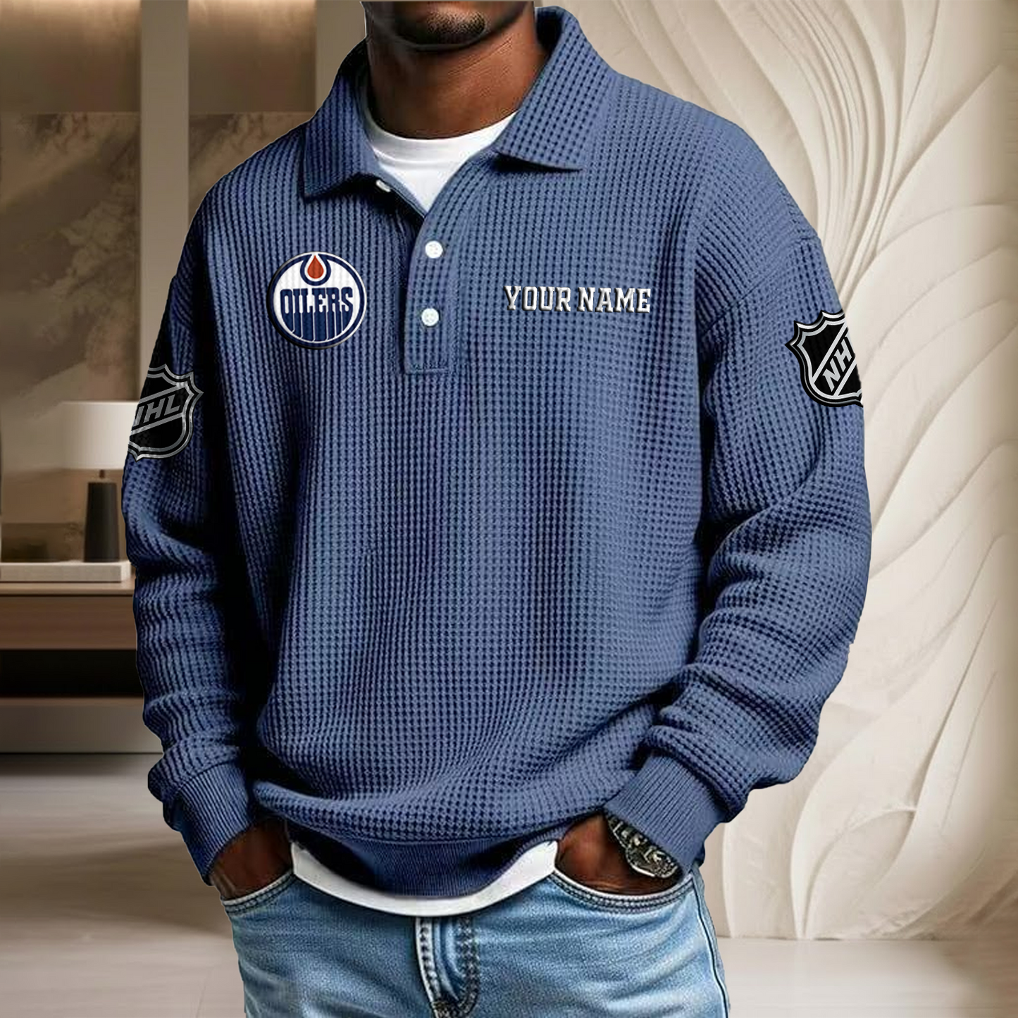 NHL x EDM Custom Name Waffle Three Button Lapel Polo HLP HLPHUONG