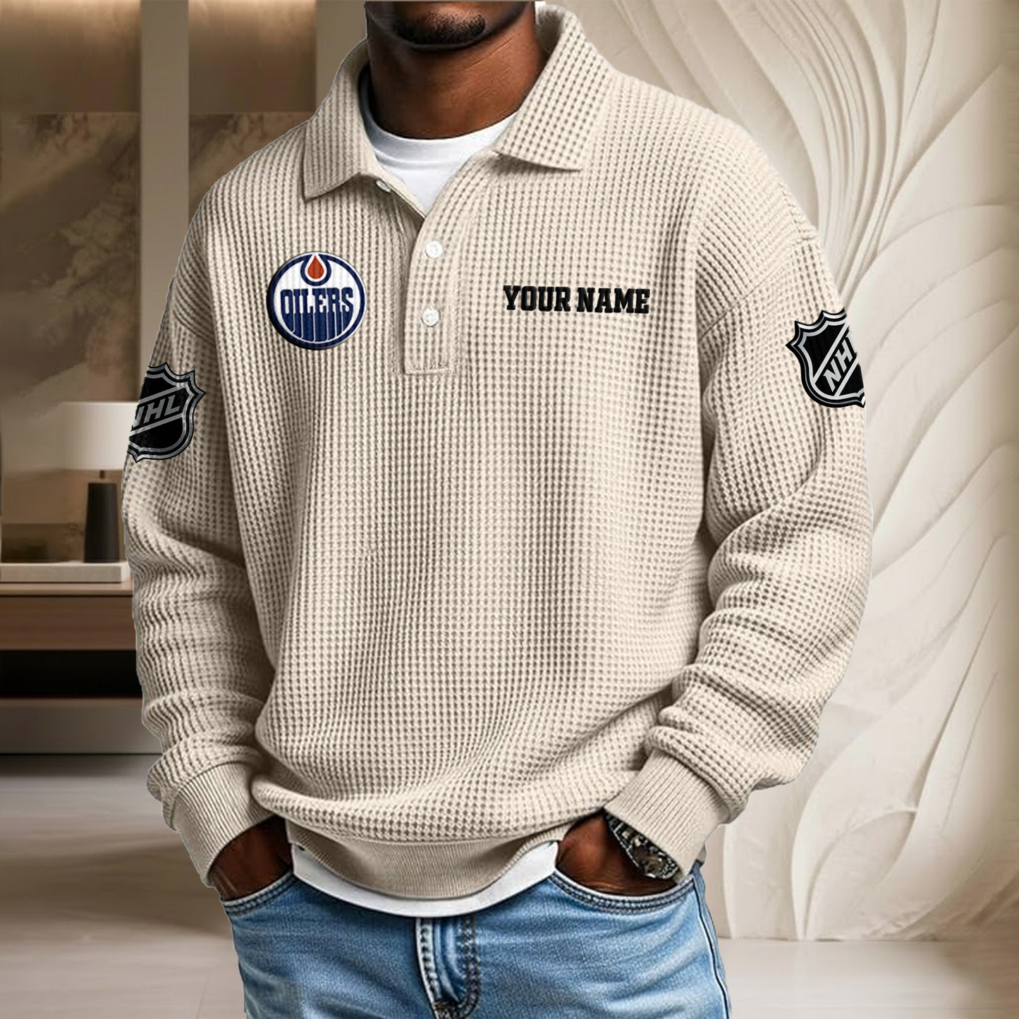 NHL x EDM Custom Name Waffle Three Button Lapel Polo HLP HLPHUONG