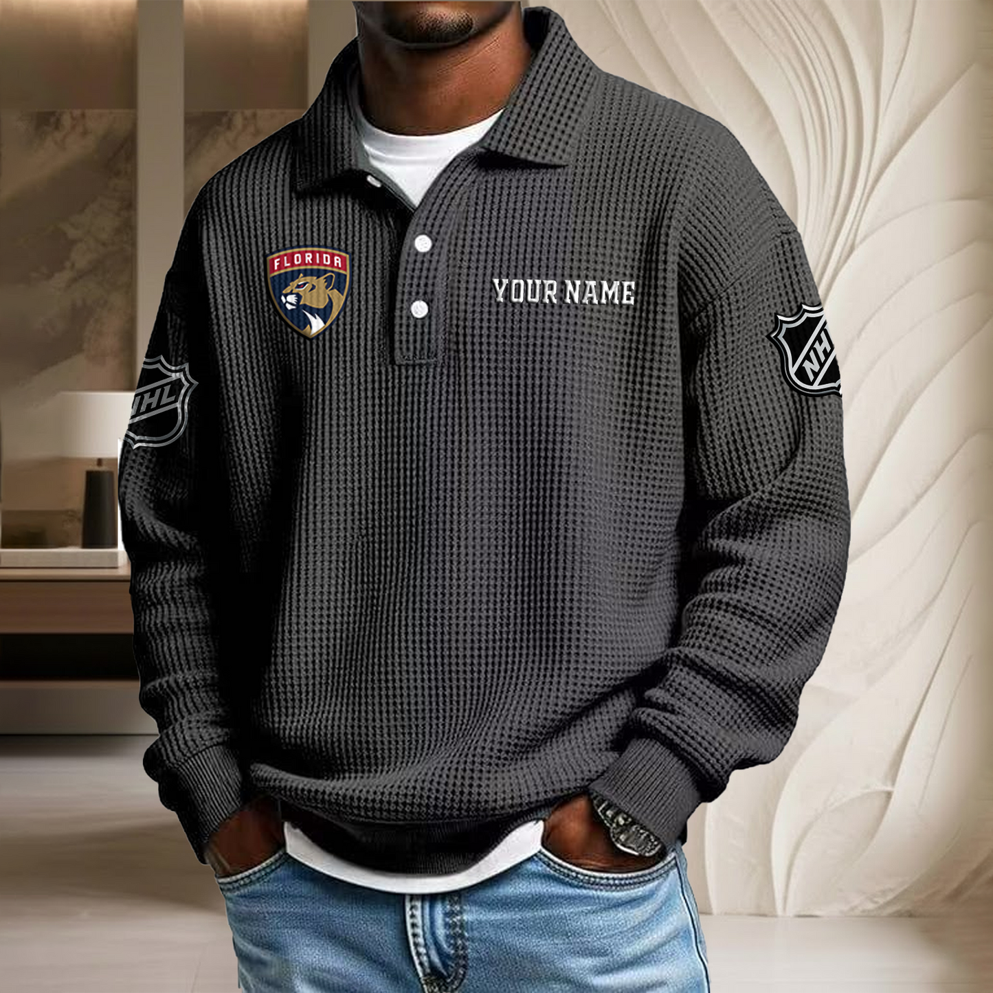 NHL x FLO Custom Name Waffle Three Button Lapel Polo HLP HLPHUONG