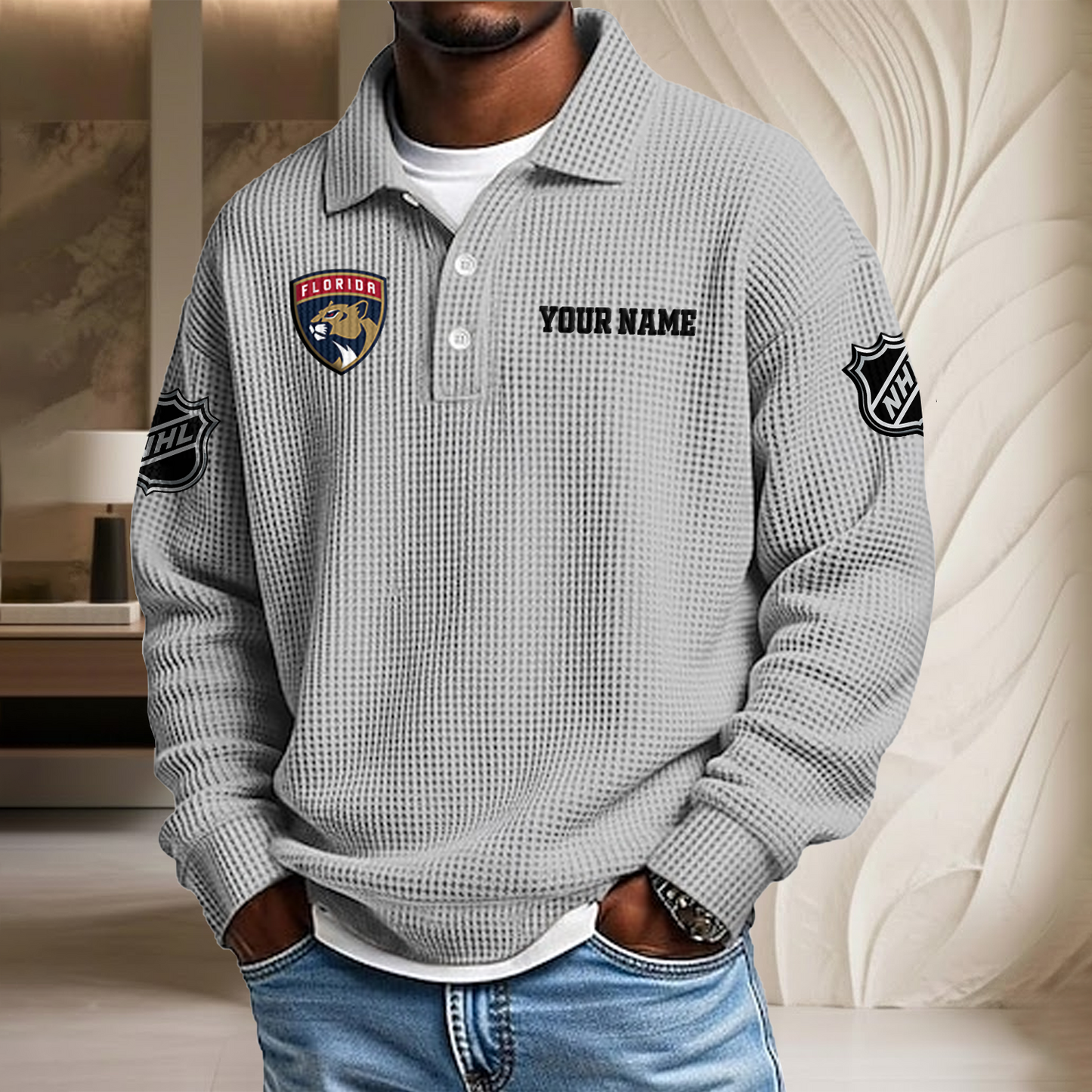 NHL x FLO Custom Name Waffle Three Button Lapel Polo HLP HLPHUONG
