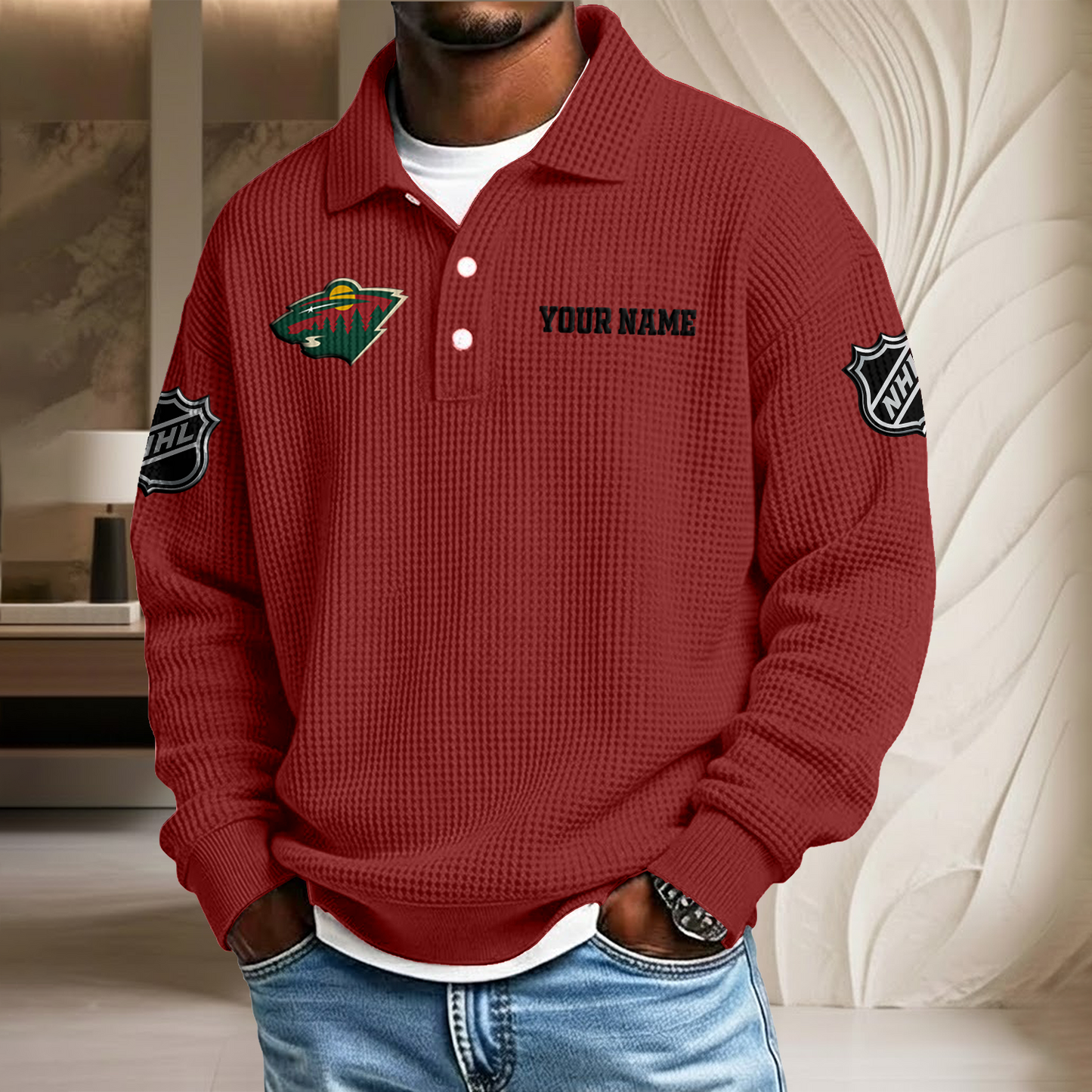 NHL x MIN Custom Name Waffle Three Button Lapel Polo HLP HLPHUONG