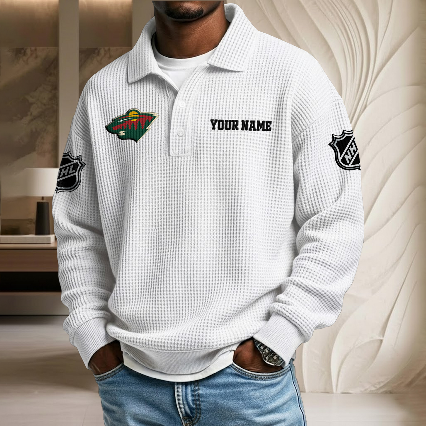 NHL x MIN Custom Name Waffle Three Button Lapel Polo HLP HLPHUONG