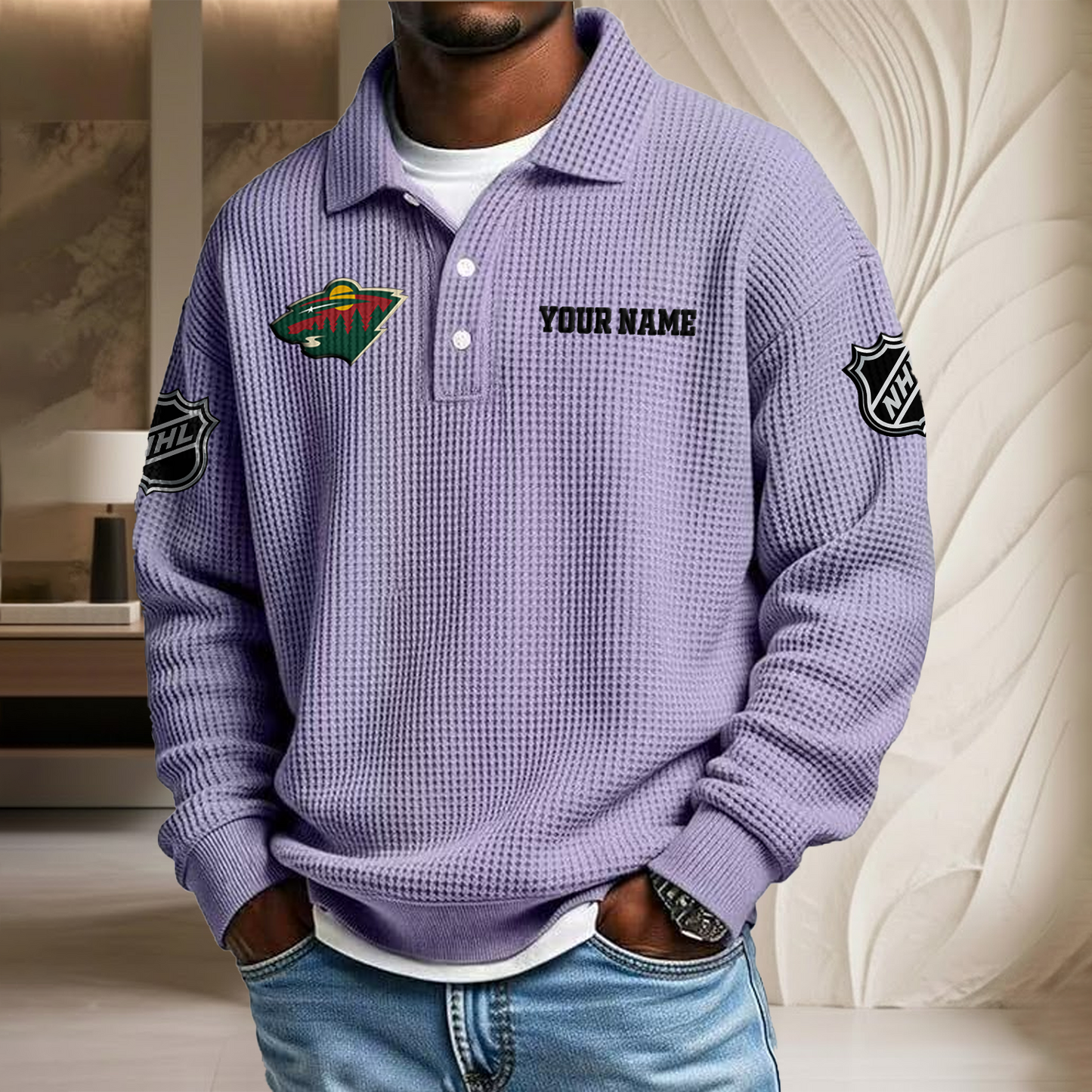 NHL x MIN Custom Name Waffle Three Button Lapel Polo HLP HLPHUONG