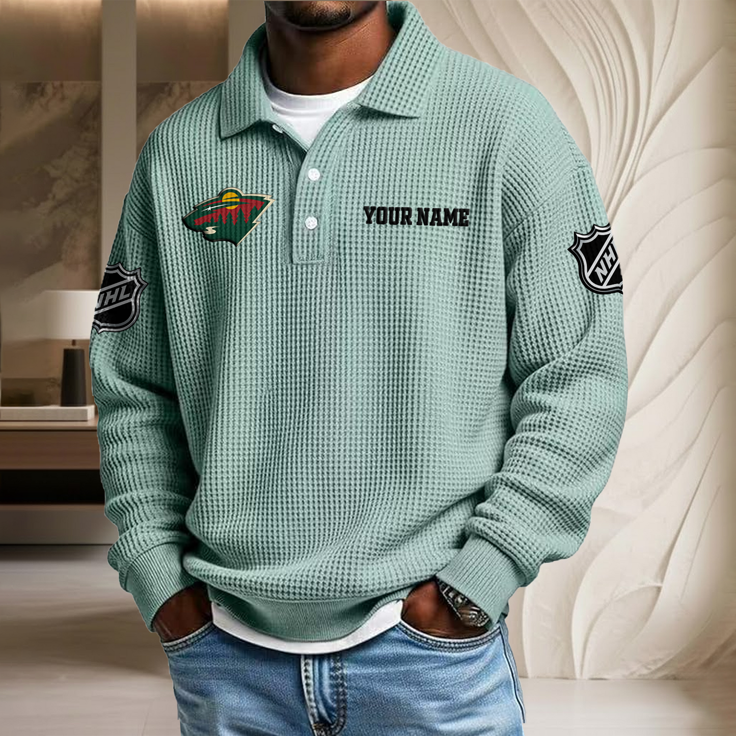 NHL x MIN Custom Name Waffle Three Button Lapel Polo HLP HLPHUONG