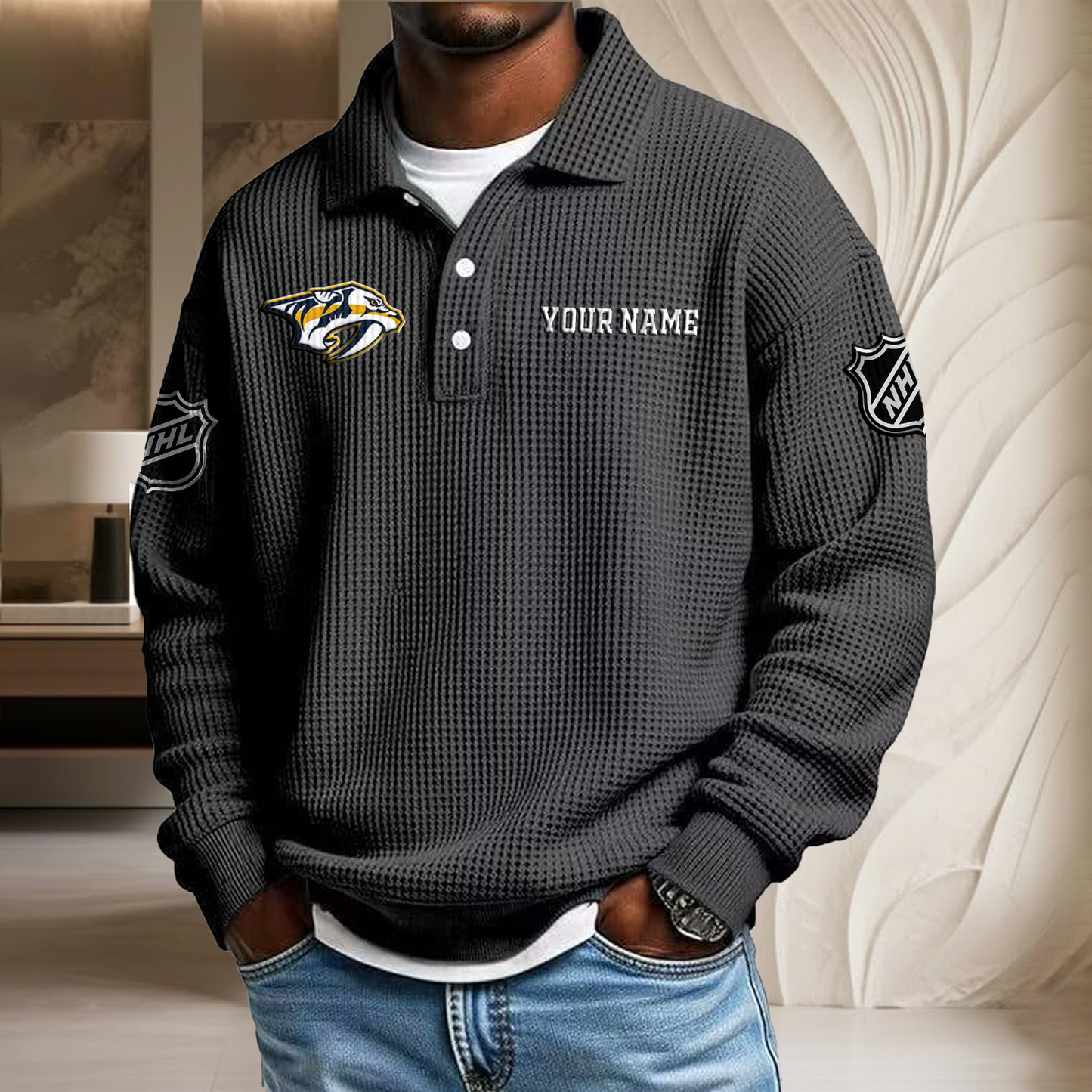 NHL x NAS Custom Name Waffle Three Button Lapel Polo HLP HLPHUONG