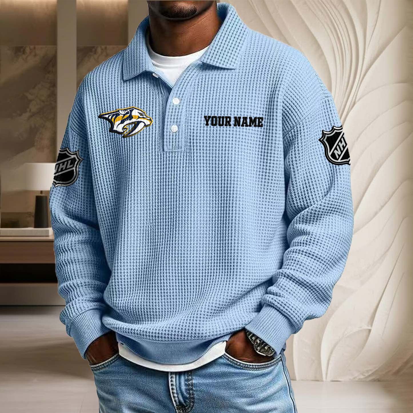 NHL x NAS Custom Name Waffle Three Button Lapel Polo HLP HLPHUONG