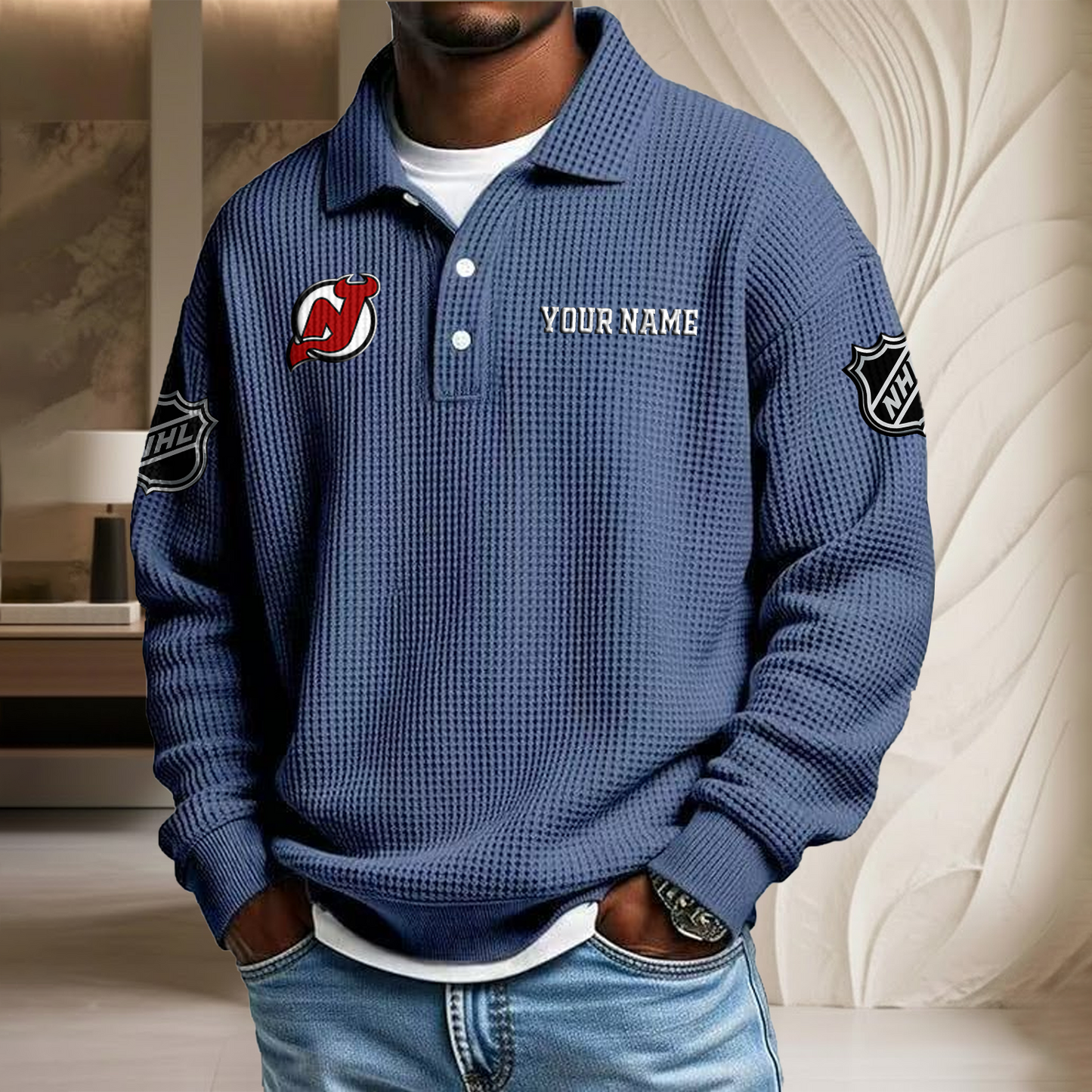 NHL x NJ Custom Name Waffle Three Button Lapel Polo HLP HLPHUONG