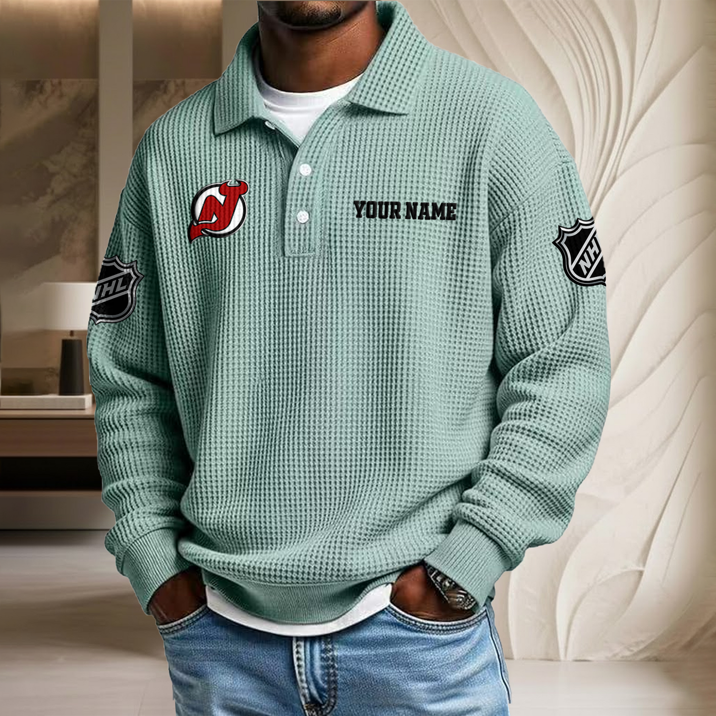 NHL x NJ Custom Name Waffle Three Button Lapel Polo HLP HLPHUONG