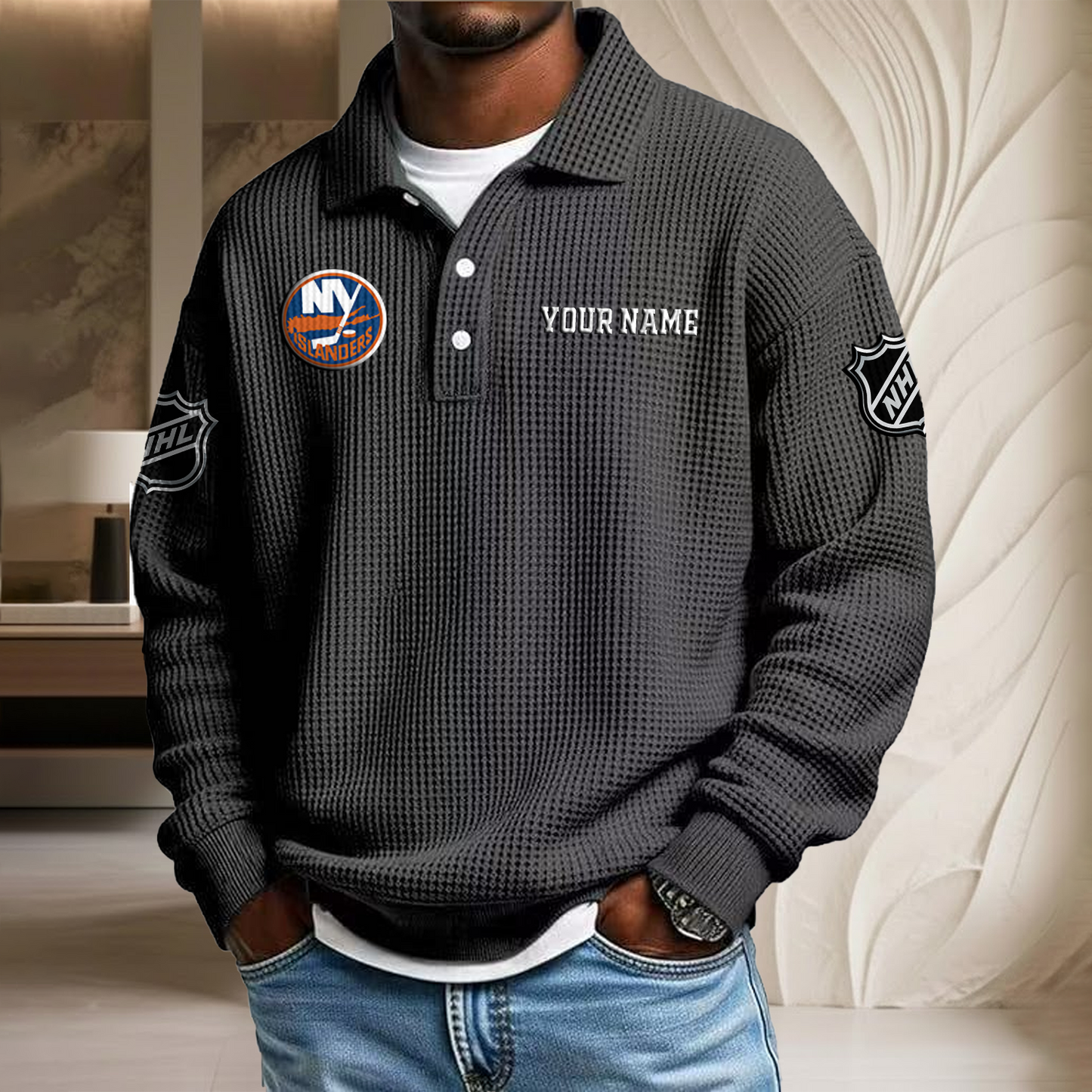 NHL x NYI Custom Name Waffle Three Button Lapel Polo HLP HLPHUONG