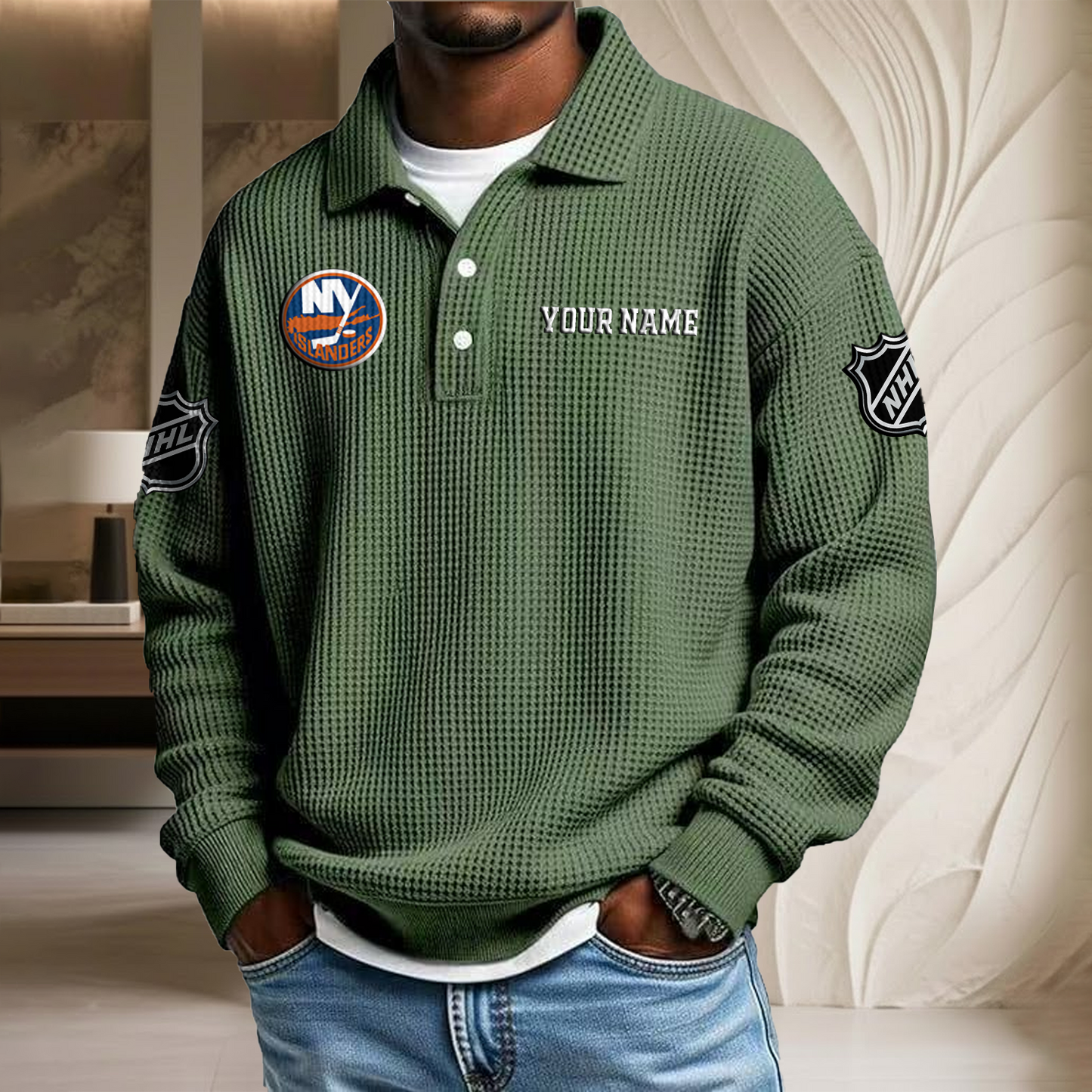 NHL x NYI Custom Name Waffle Three Button Lapel Polo HLP HLPHUONG