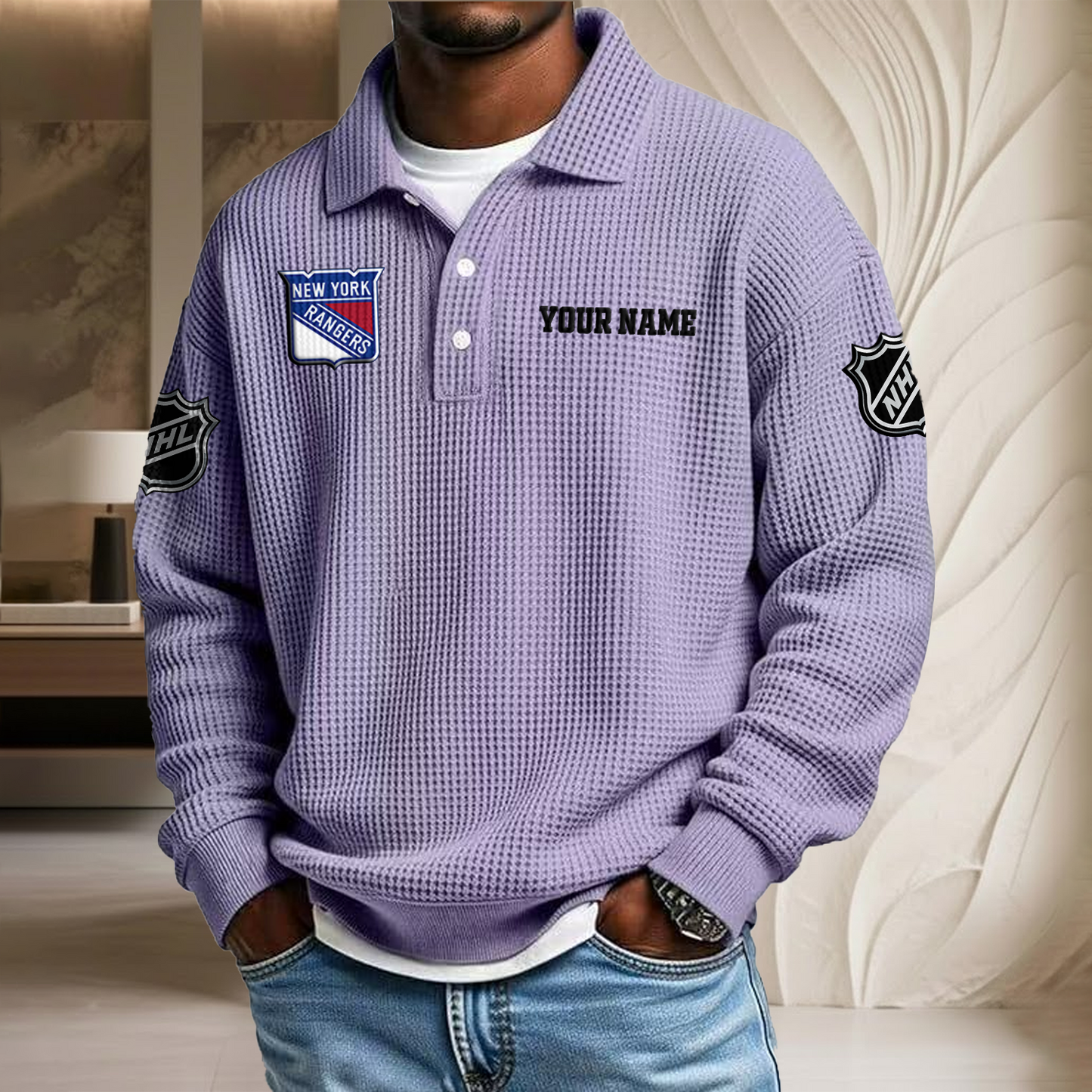 NHL x NYR Custom Name Waffle Three Button Lapel Polo HLP HLPHUONG